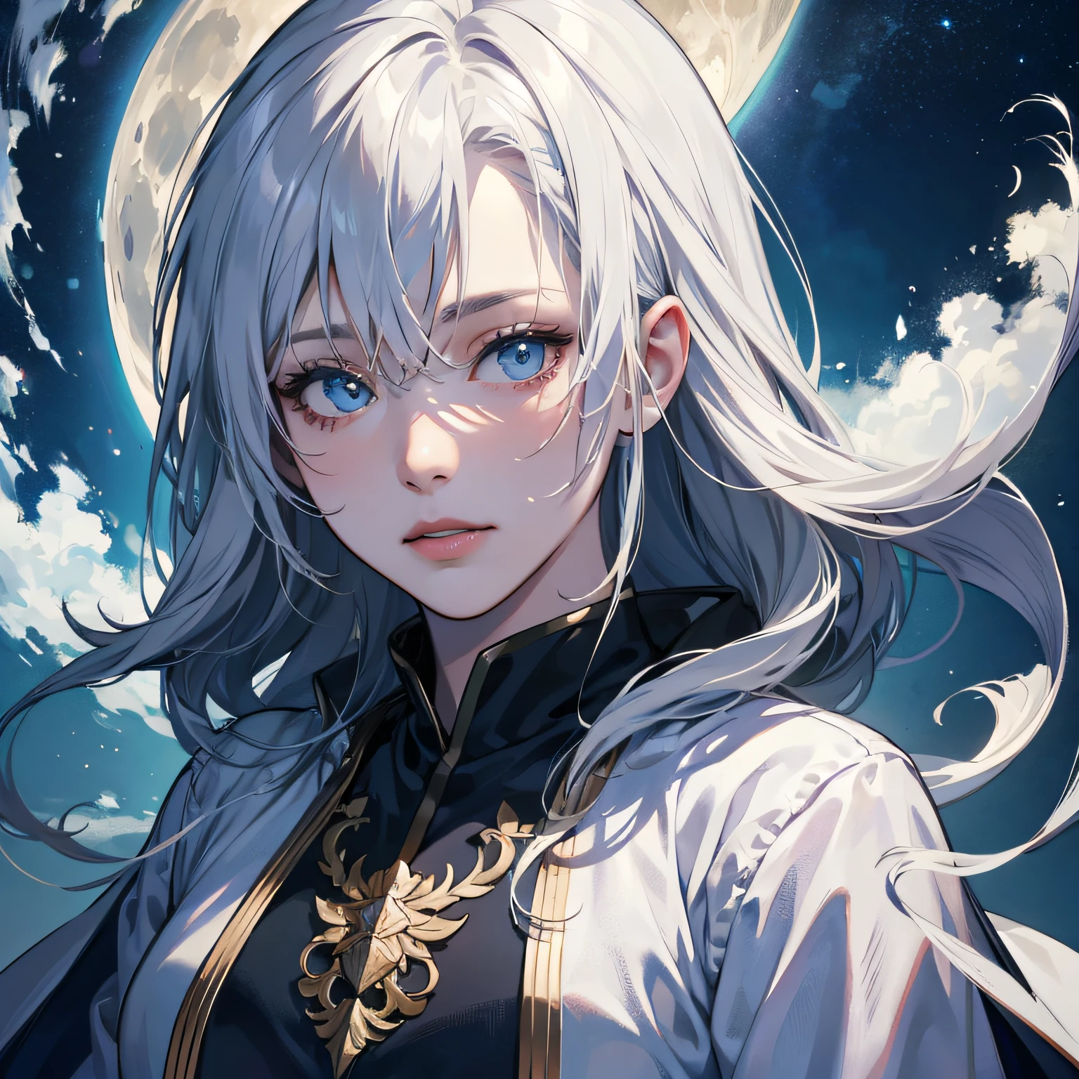 tmasterpiece,Best Picture Quality,super-fine,Dynamic cinematic angles,afloat,The eyes are extremely delicate,Excellent detail in the light,Cinematic lighting,The sky blooms finely,femele,White hair and blue eyes,high ponytails,cloaks,Glowing eyes,moonlit glow,Super Starry Sky,Light particles,mist,Snowscape painting,sketching,Bloom perfectly . --auto