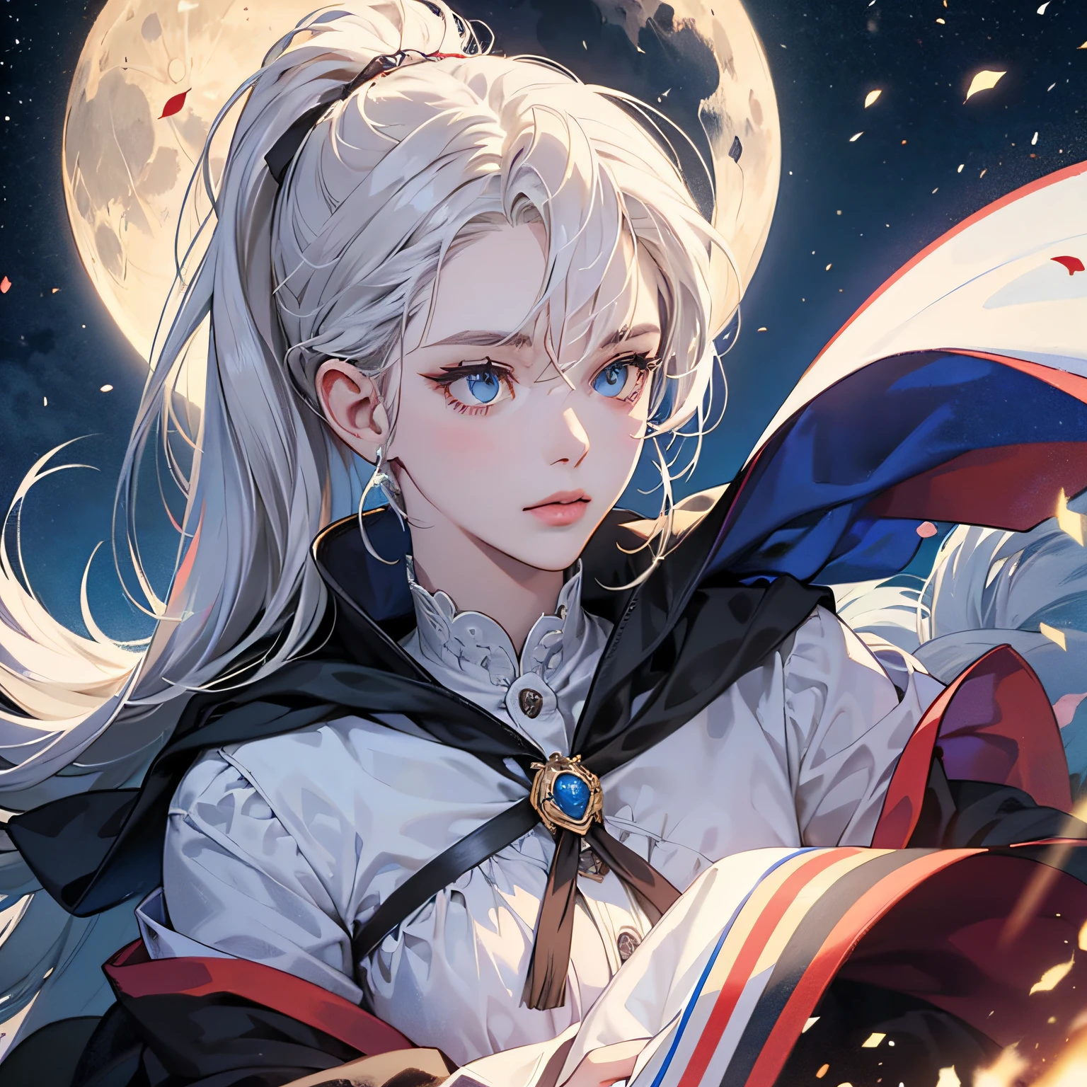 (best qualtiy、super fine illustrations、Extremely Delicately Beautiful、The angle of the film floats、beautiful eyes in detail、Excellent lighting detail)|(Style filter:sketching) + (1womanl:White hair,eBlue eyes,high ponytails,cloaks,flickering eyes) + (Scenes:themoon,moonlit glow,starrysky,Beautiful light particles,mist,snow landscape) + (the detail:blooms)