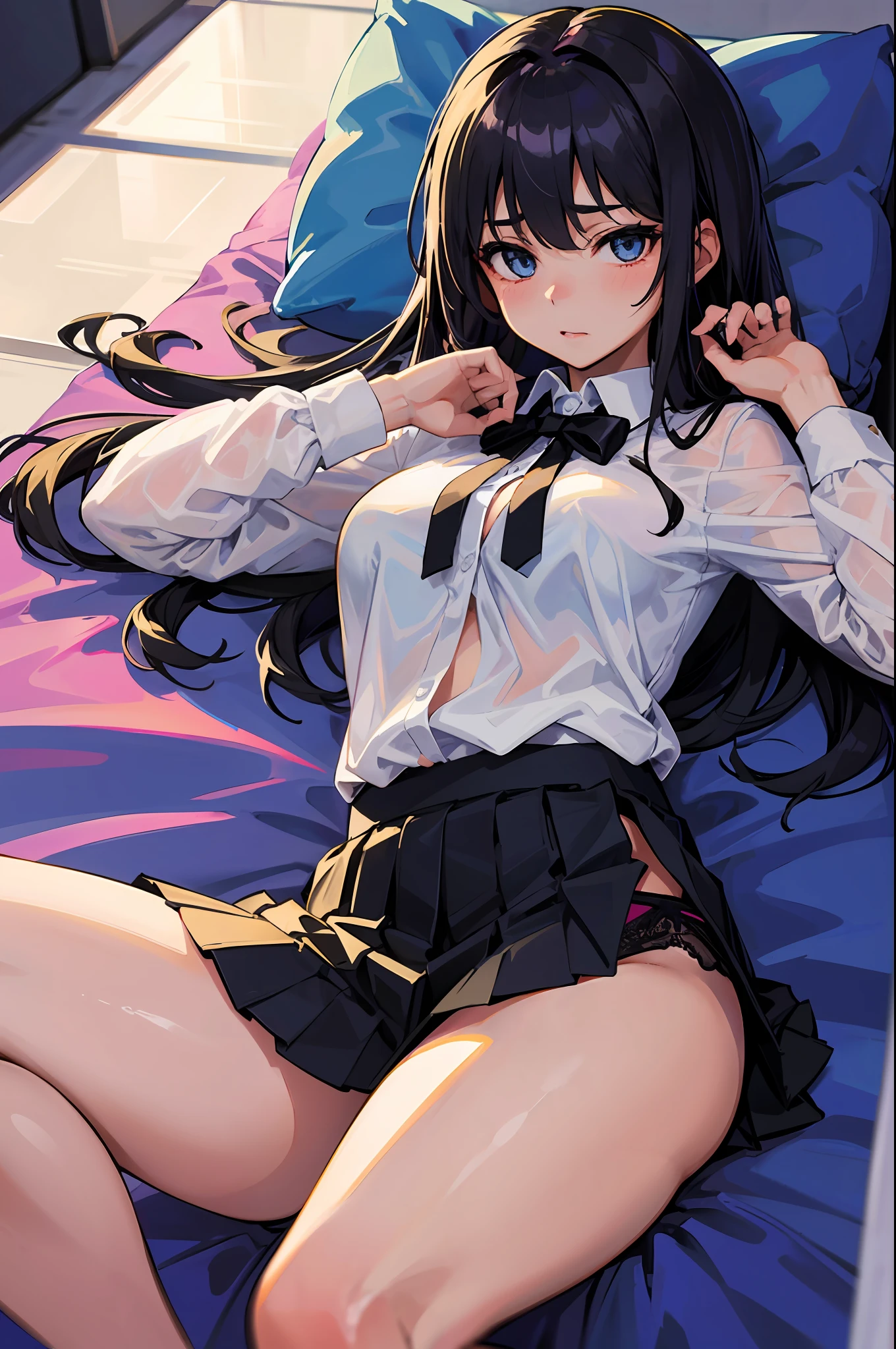 8K, Attractive, intensely detailed, 20 Year Old Girl, sexy and attractive woman with dark, black hair. She has beautiful sky-blue eyes with a heart inside. She is dressed in white, short and unbuttoned shirt. She is wearing a blue miniskirt. And the girl herself is lazily lying on her back on the bed, because of which her skirt is lifted up and from under the skirt we see sexy, black lace panties with bow.