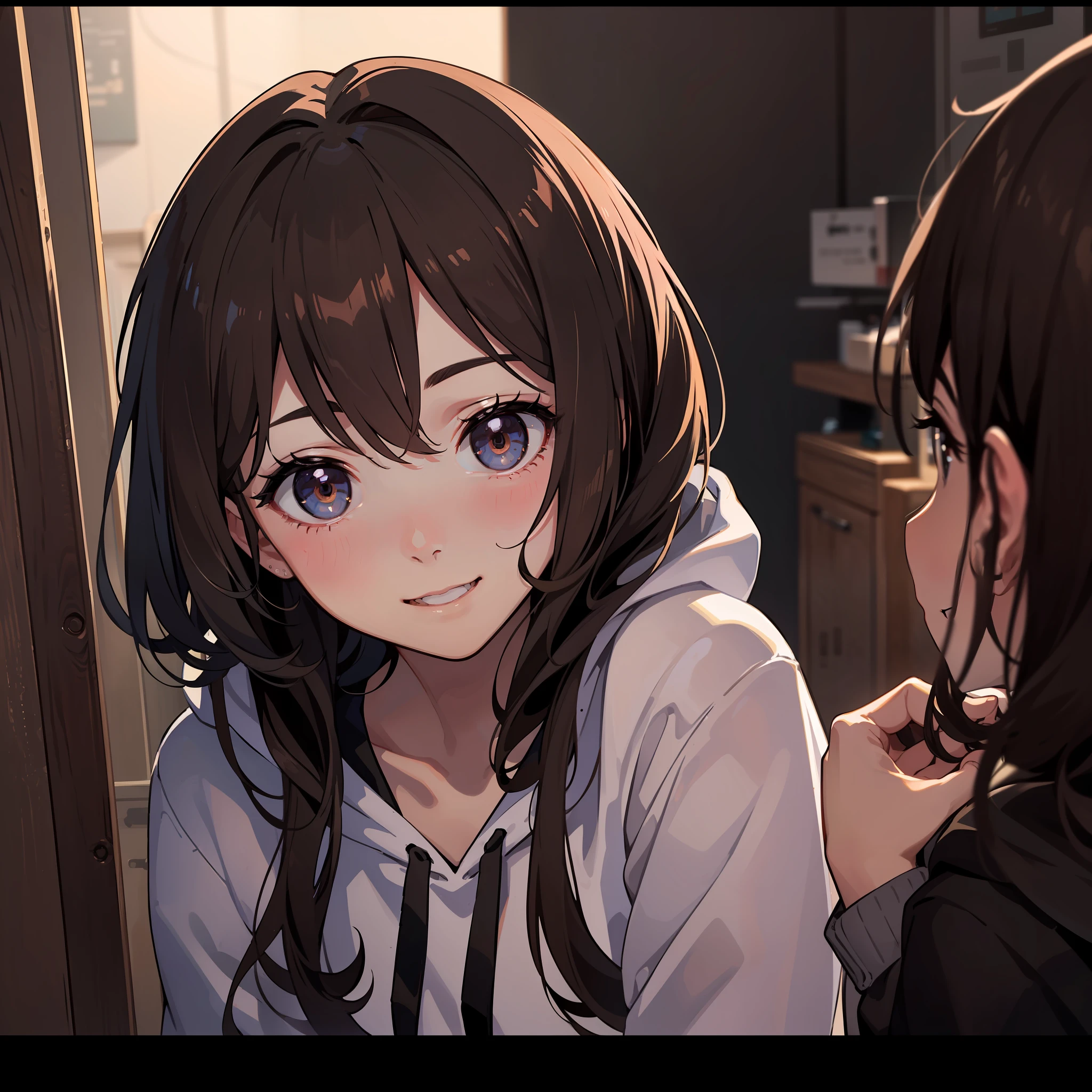 (masterpiece, best quality:1.2), looking at viewer, (earlyteen:1.2), (cinematic:1.4),long brown wavy hair, beautiful black eyes, (shiny skin, bright skin:1.2), happy face,hoodie