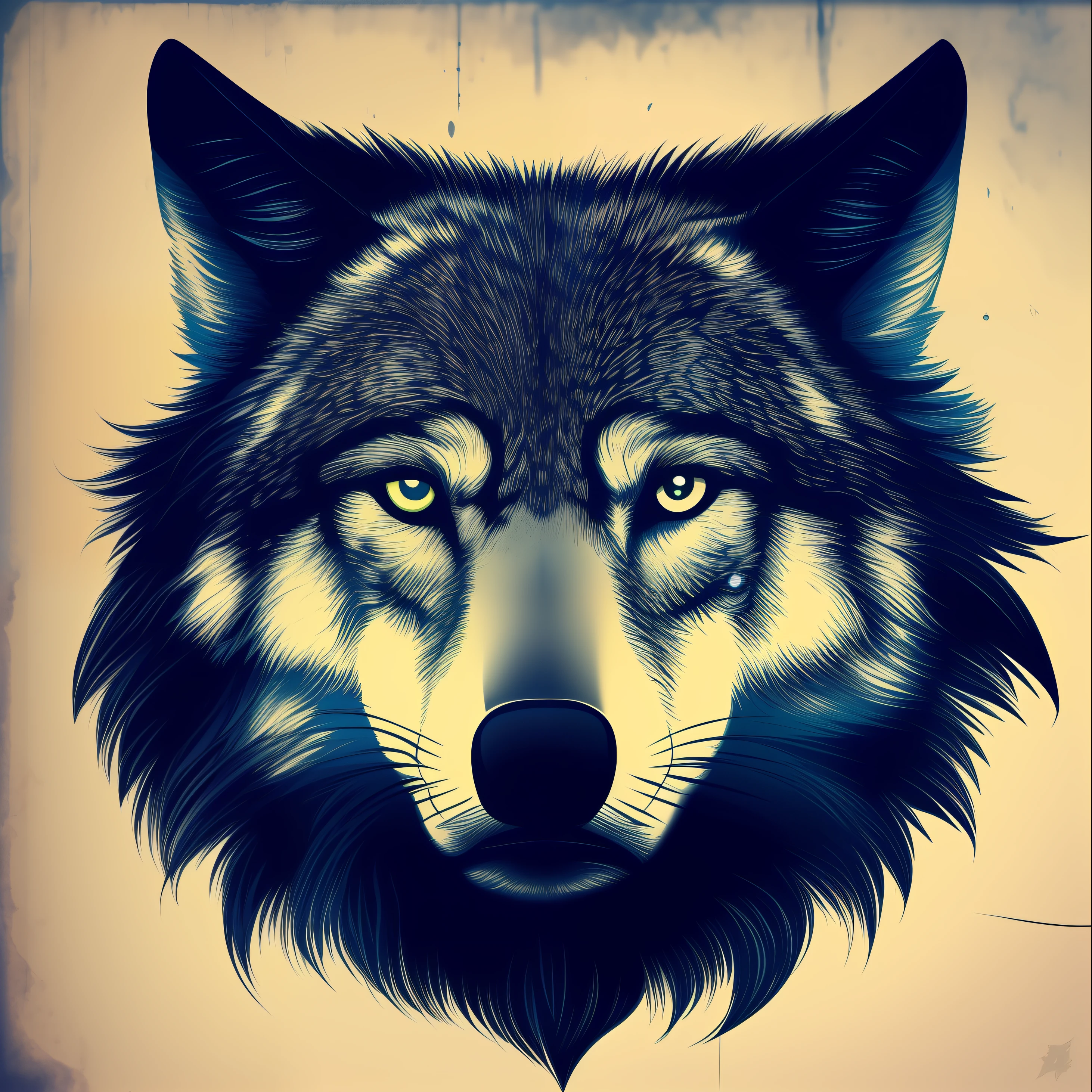 Face Wolf, scar across eye, serious, anime style, Minimalism, close-up, blues colors, fading border, high quality, high details, logotipo style, neon style