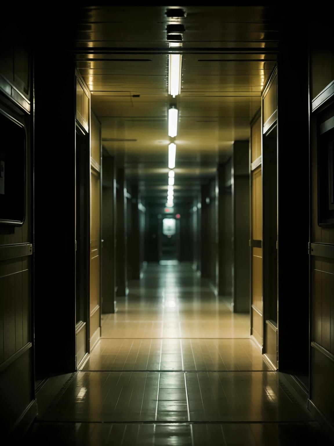 Gloomy and dark corridor inside a huge spaceship. soft focus en el pasillo oscuro y tetrico