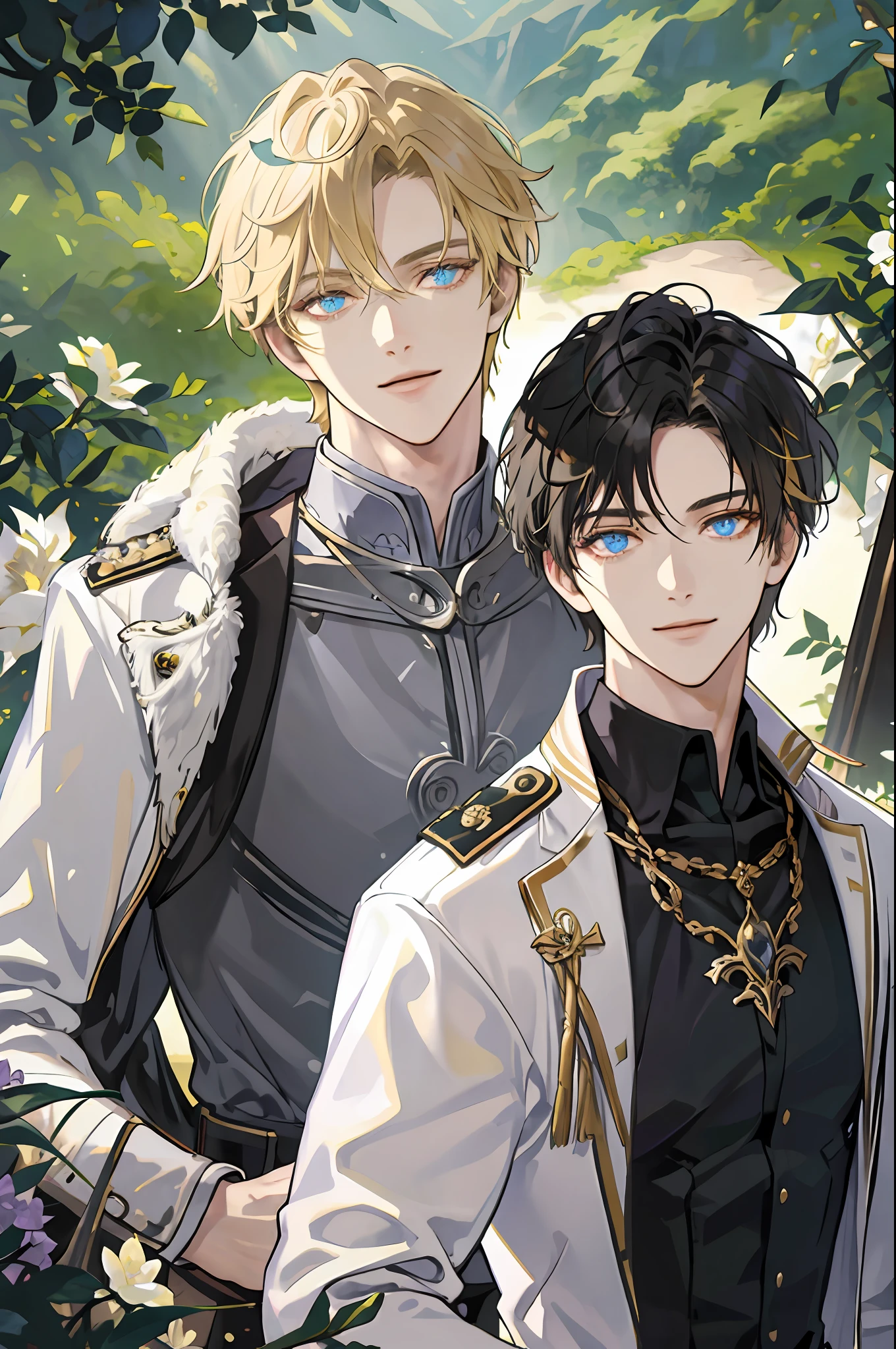 ((Masterpiece: 1.2, top quality)), ((2 men)), short blond hair, blue eyes (handsome: 1.4), white suit, uniform, royalty, tough black knight, short black hair, golden eyes, scar on right eye, black armor, fantasy, forest, blooming flowers, sunlight, fantastic light and shadow, landscape, highly detailed face, portrait, smile