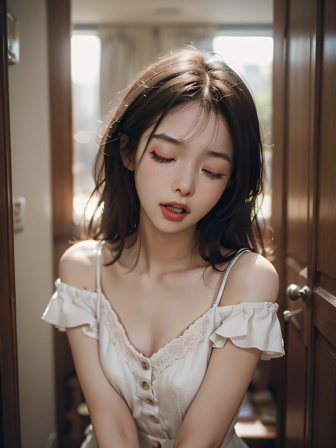8yk、Raw photo、(masuter piece)、(finely best quality)、Hi-Res、(Kizi)、(realisitic、Hphotorealistic:1.2), Upper body、skinny、14years、small tits、Eyes closed、Deep sadness、Sorrow、look up sky、Open mouth、screeming、a room、Background blur