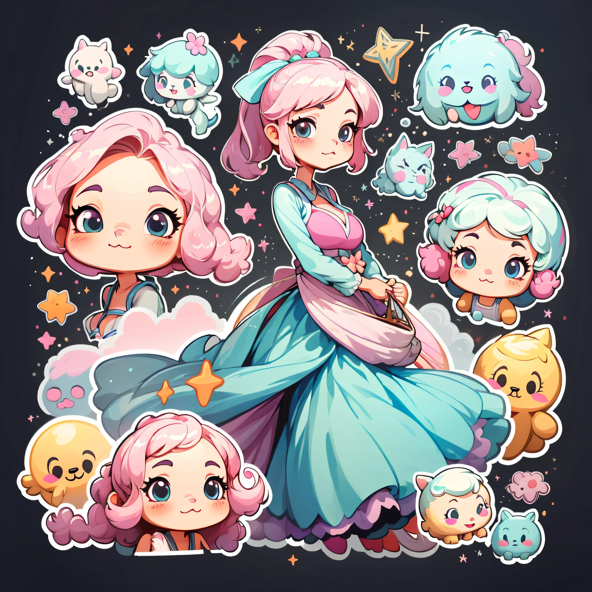 1sticker，a sticker， Western fantasy style，（Cute girl），（Large breasts），(Gorgeous dress)，（gorgeous hair accessory），（Double ponytail），（A pink-haired）， white backgrounid， nothing background， simple backgound， dk， adolable， Small， pastel colour， vectorstyle， no gradien