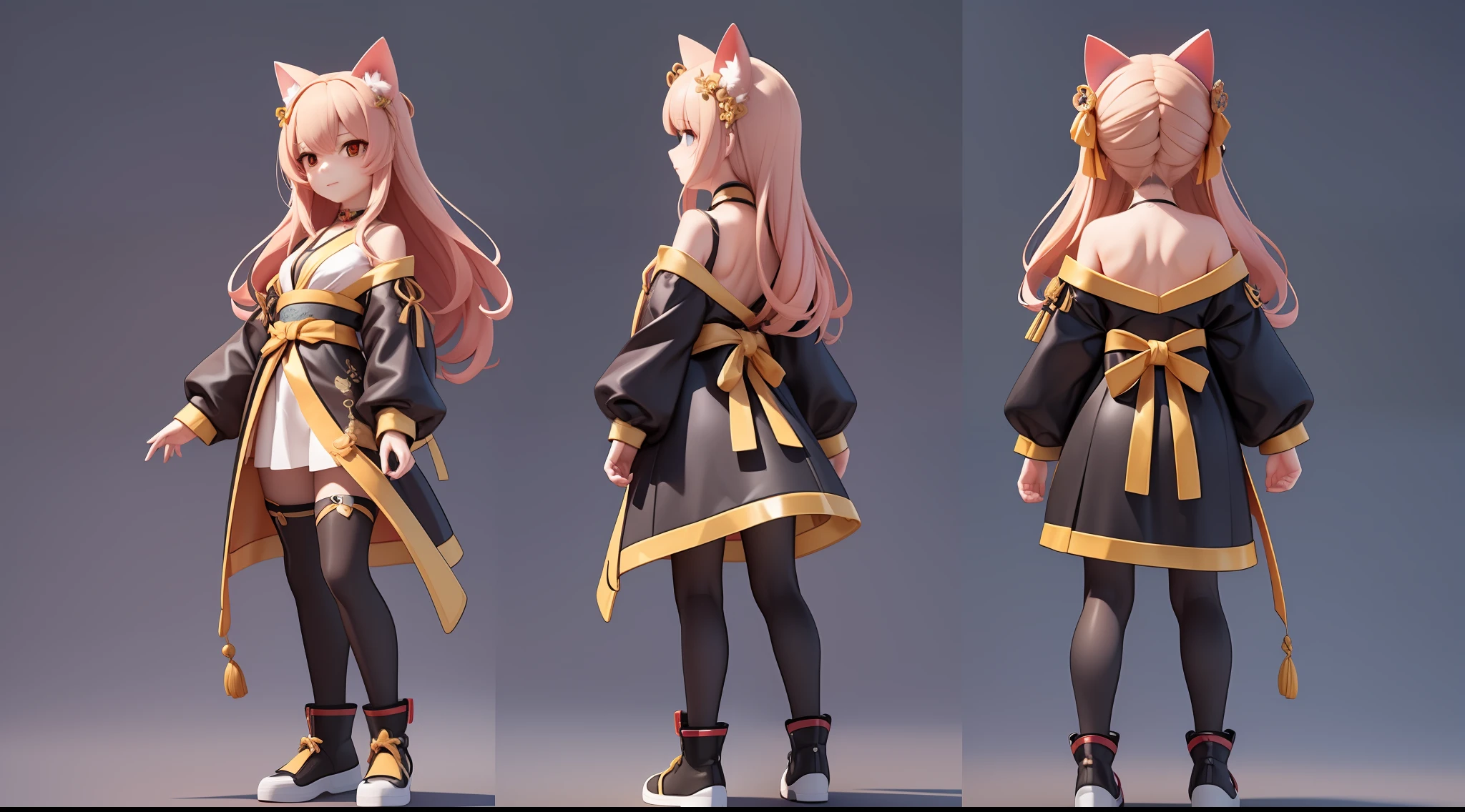 femele,(The same character frontal,Lateral face,on back)Three View,Full body front view in the middle,Long hair,Cat ears,yellow choker,red color Hanfu,k hd,C4D,Generate a front view,Side view,Back view 3 view,3D,Good quality