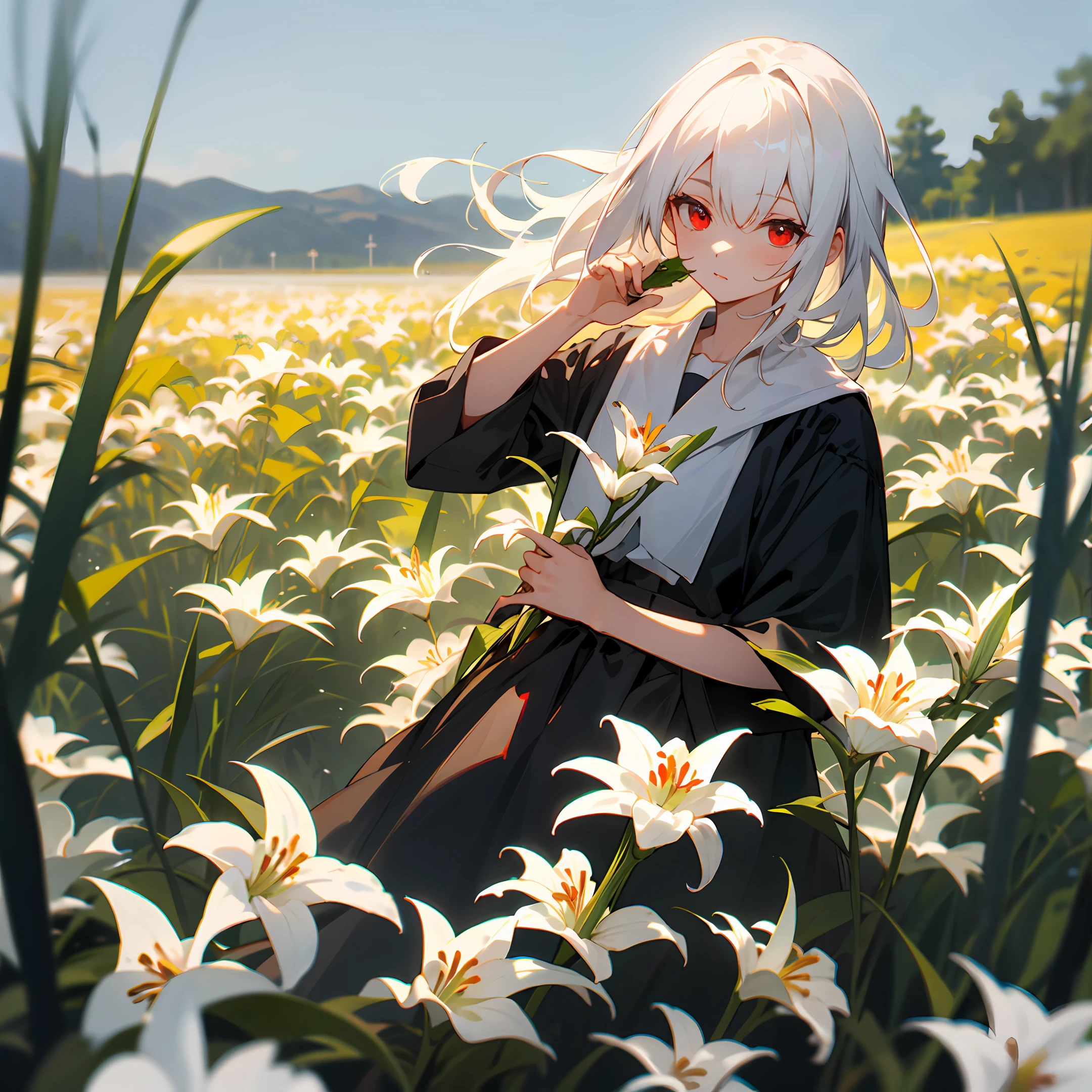 (tmasterpiece,Best Picture Quality)A girl with white hair and red eyes lay leisurely on a field full of flowers,She was holding a lily in her hand and was looking closely,The gentle sun shines on her,The vista is blurred