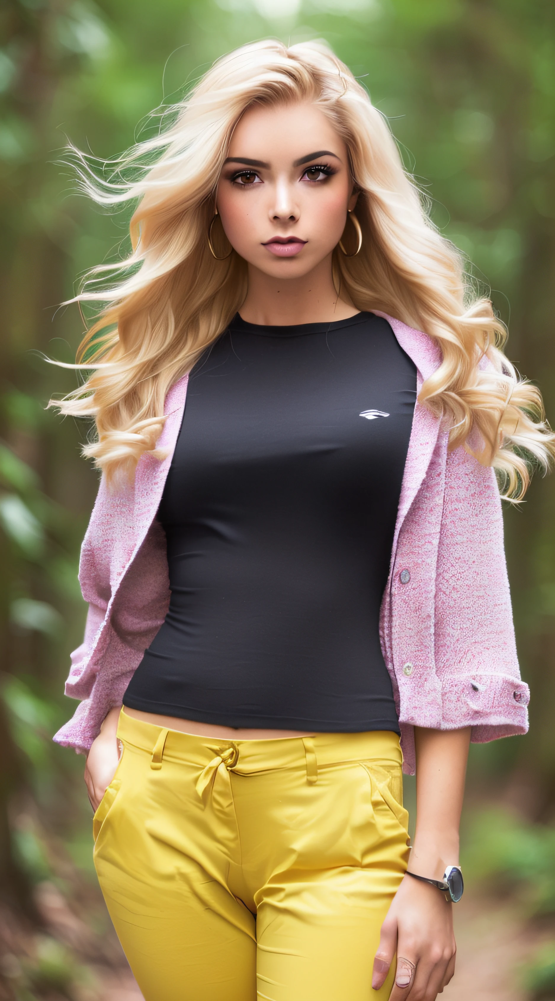 Uma morena de olhos verdes, cabelos amarelos longos, blusa amarela e saia branca, tamanco rosa, mulher branca com cabelo vermelho curto, blusa verde, white pants and pink shoes, uma mulher negra com longos cabelos brancos, blusa branca, red pants and shoes green, three women beside each other, Em uma estrada de terra com uma motocicleta Ducati vermelha e preta, piso, pine trees, Eucaliptos, rosas vermelhas, Sunflowers, birds, nuvem, Folhas voando no ar, vegetation, cores brilhantes, brilhante,Realistic,ultradetalhado,perfect features,pele lisa realista,Rosto realista,imagem de desenho,cardboard,animado,desenho,pintura em quadro branco --auto