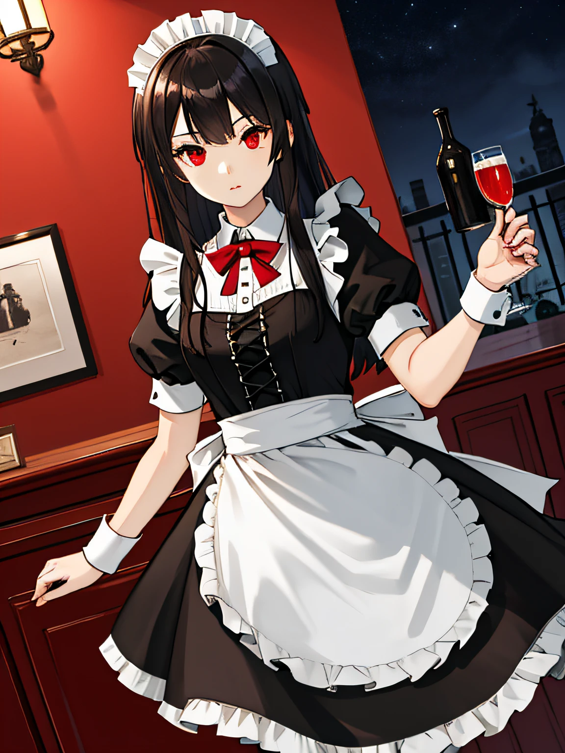Best Quality, High_Resolution, distinct_image, Detailed background ,Girl,Dutch angle, the maid outfit, night,rnlong hair,Red eyes