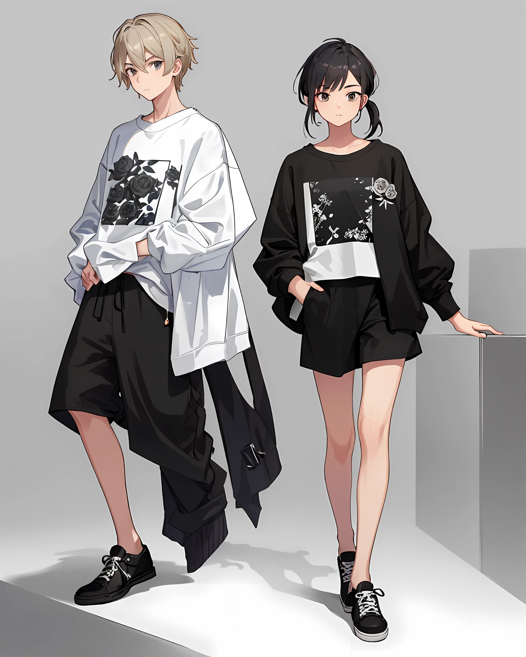A ager wearing a white sweatshirt, black shorts, black canvas shoes, hair tied up, and black roses in his hand