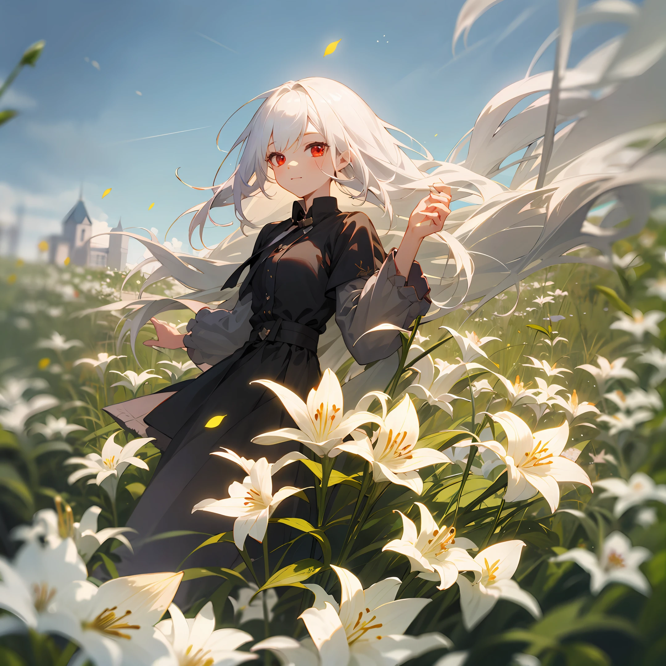 (tmasterpiece,Best Picture Quality)A girl with white hair and red eyes lay leisurely on a field full of flowers,She was holding a lily in her hand and was looking closely,The gentle sun shines on her,The vista is blurred