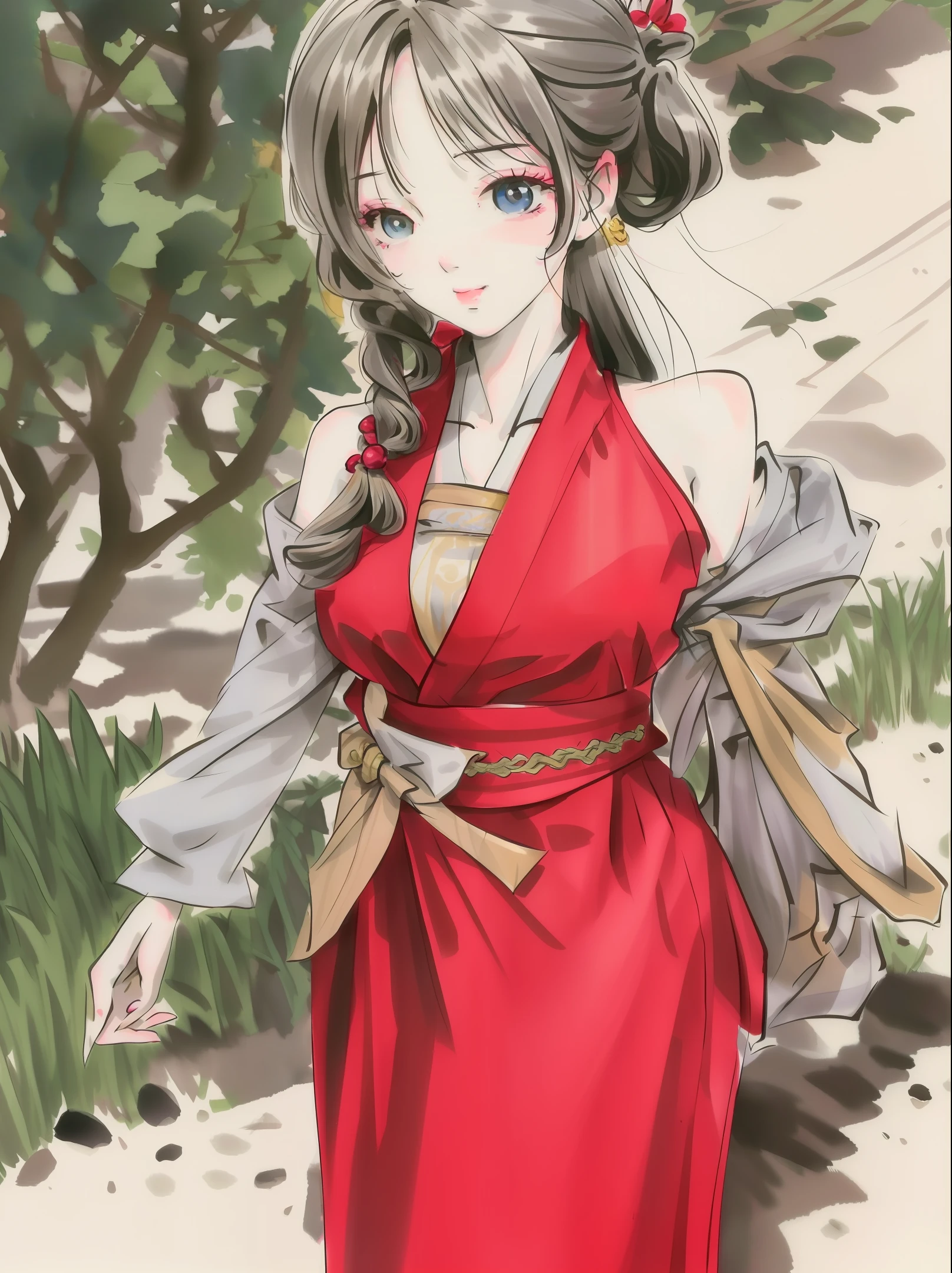 Absurd, high definition, super detailed, texture details, clear presentation, HD details, detail performance, fine details, clear face, precise restoration, clear eyeballs, (1 fat girl: 1.3), hand-drawn, simple lines, a 50-year-old girl in festive red Hanfu, holding a fan standing on the dirt road at the entrance of the village, masterpiece, sunny day, looking at the camera