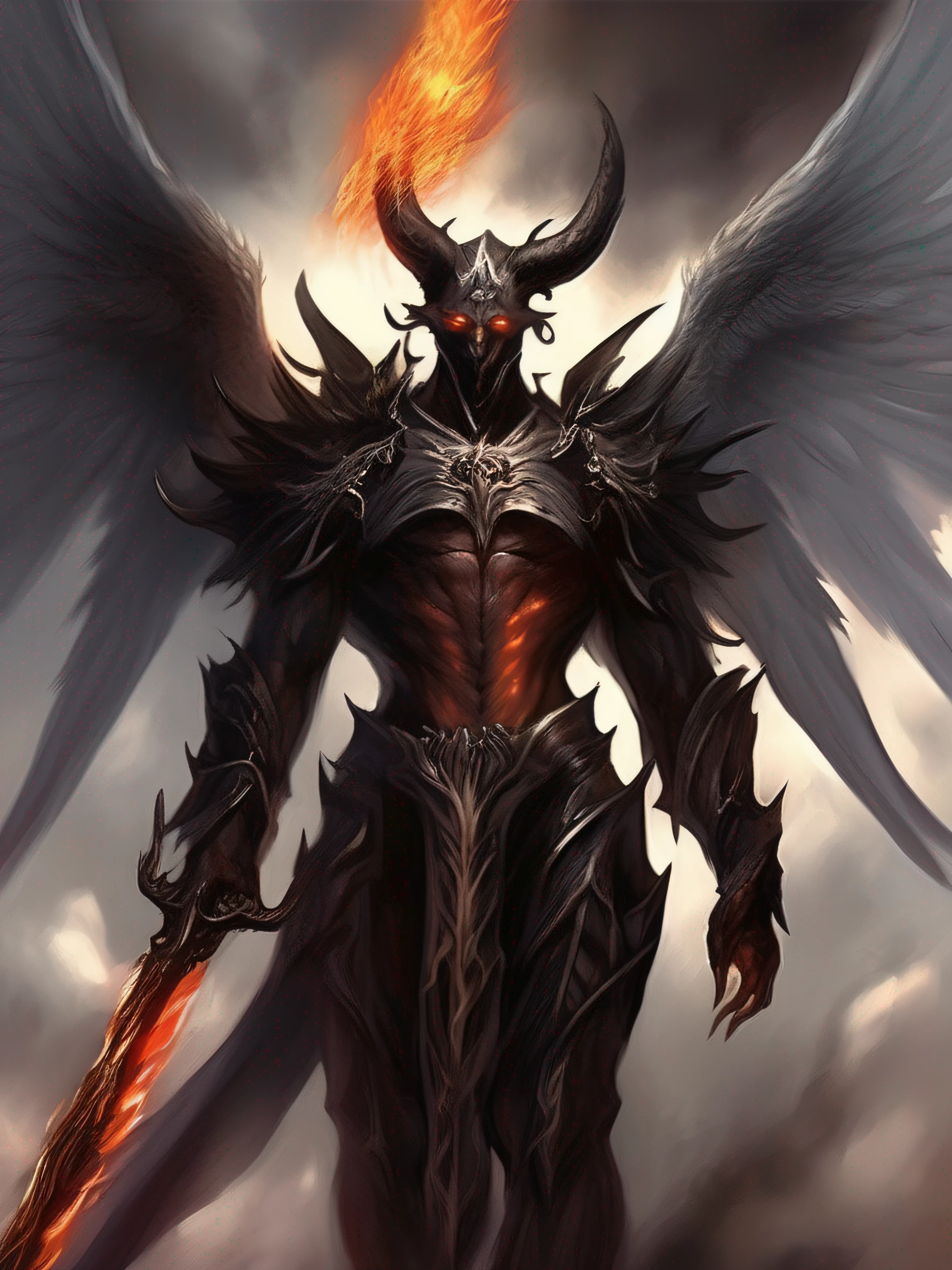 ((masterpiece)), angelic, (burning wings), falling from grace, Azazel, sky, cloud, Lucifer, from heaven, face-heel turn, fallen hero, silver city, hellish, (demonic), (flaming sword), (black flame), horns