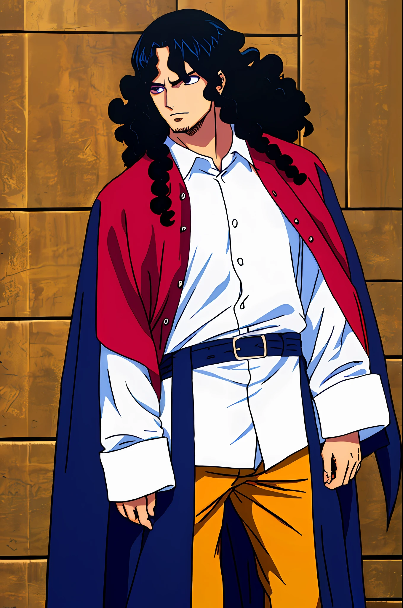 (((melhor qualidade))), ((obra-prima)), grading:seguro, a man with long purple hair standing with his arms crossed, ombreiras, cabelo roxo, cabelo longo, ((cabelo cacheado)), corpo inteiro, foco masculino, 1boy, fundo simples, (((foco no rosto))), tapa olho no olho esquerdo,