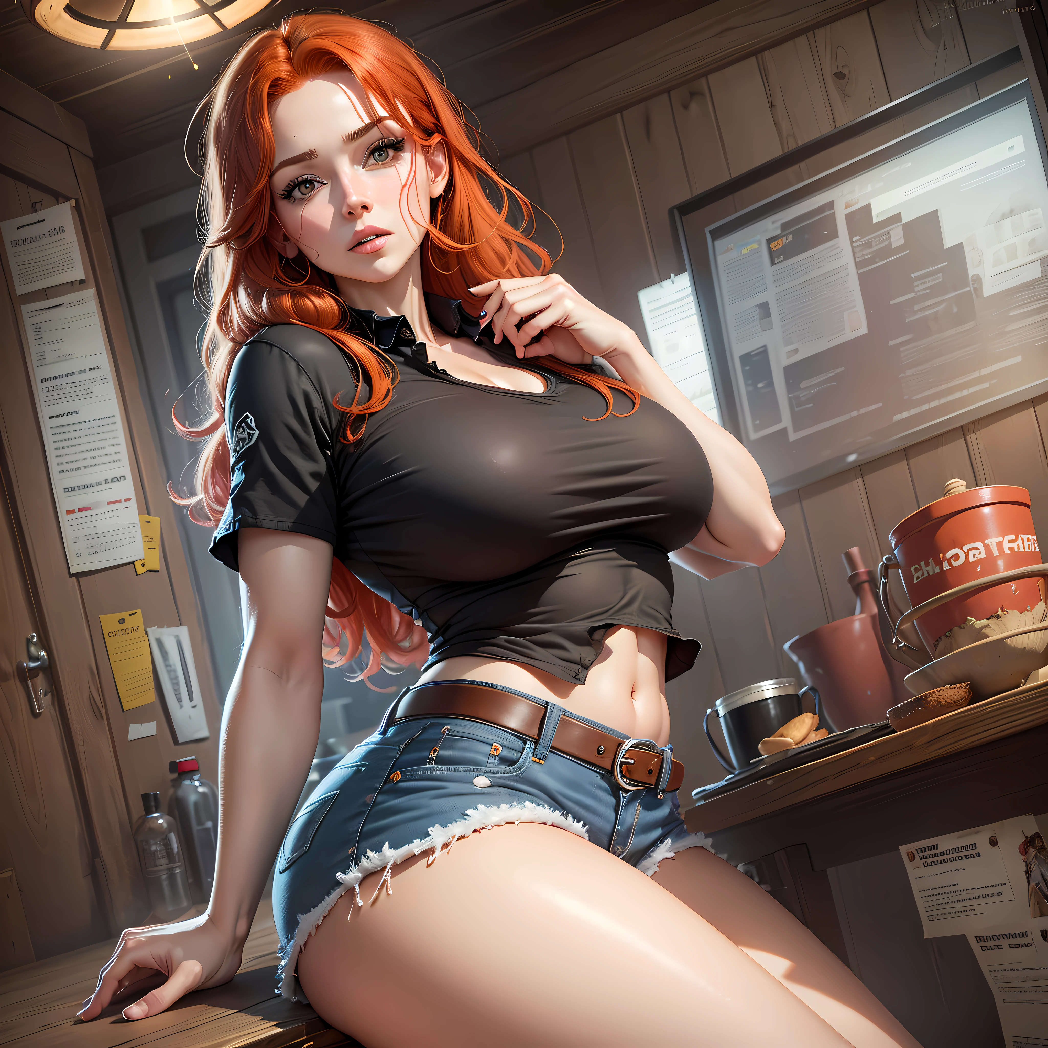 Nami from one piece, sitting on kitchen table, in shorts large size transparent white T-shirt plain, eating candy, long fluffy hair