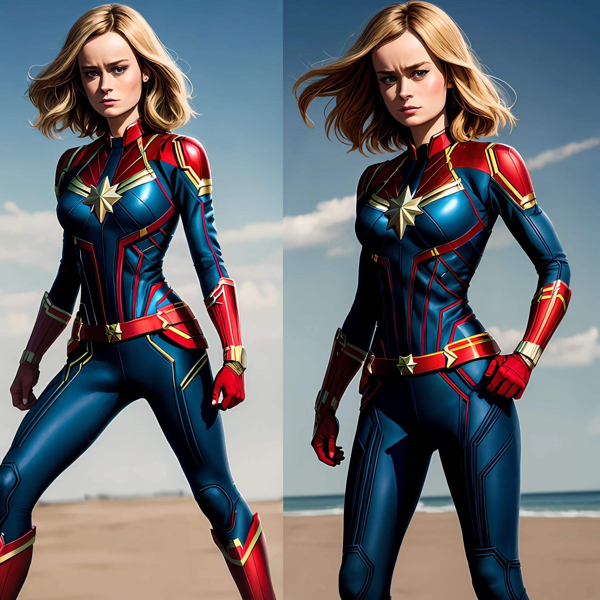 Brie Larson, medium hair, full body portrait, wearing captain marvel suit, sexy, cleavage, showing breasts --auto