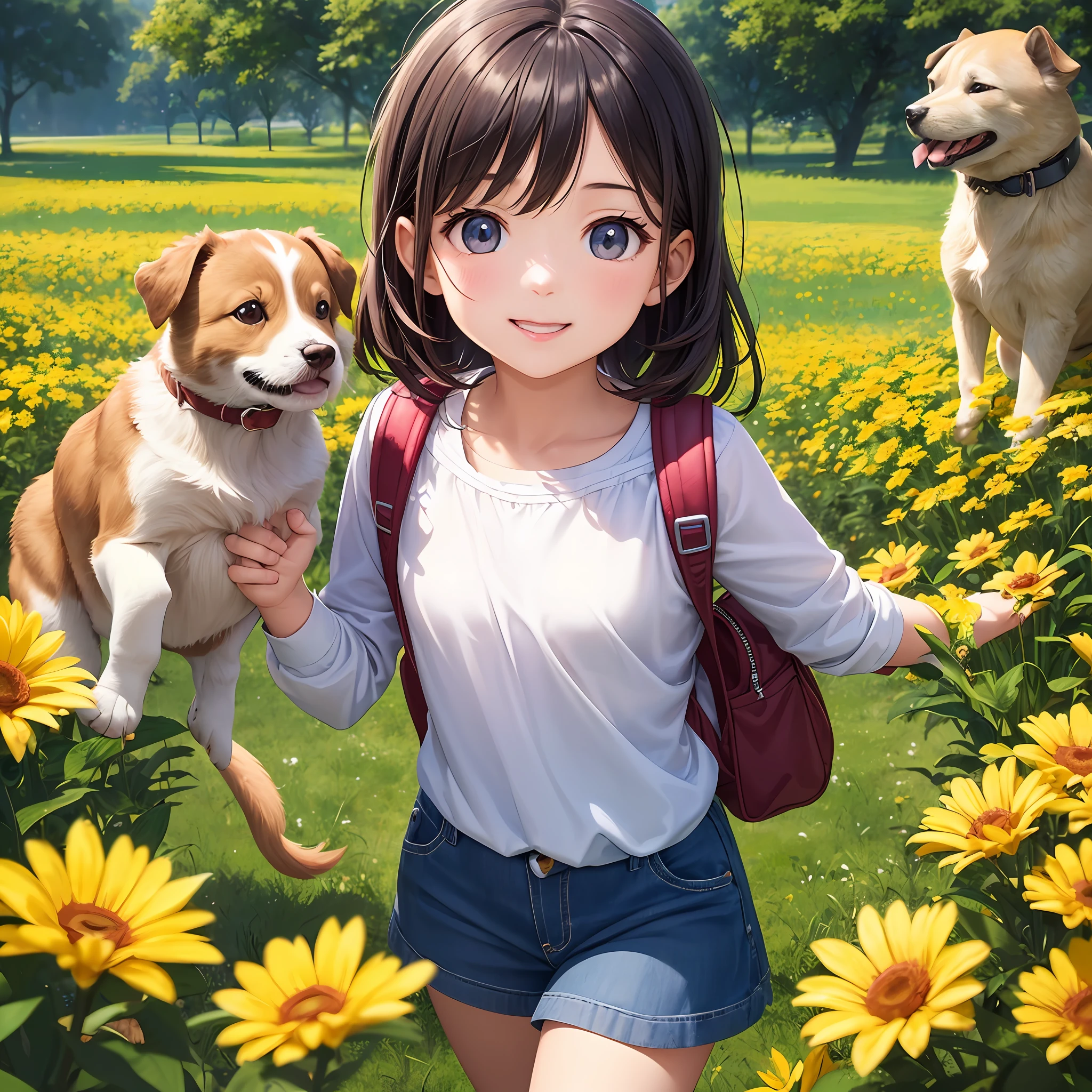 A charming with a backpack is enjoying a cute spring outing surrounded by beautiful yellow flowers and nature with her cute puppy. The illustration is a high-definition illustration in 4k resolution with highly detailed facial features and cartoon-style visuals, (Butterfly Dance) --auto