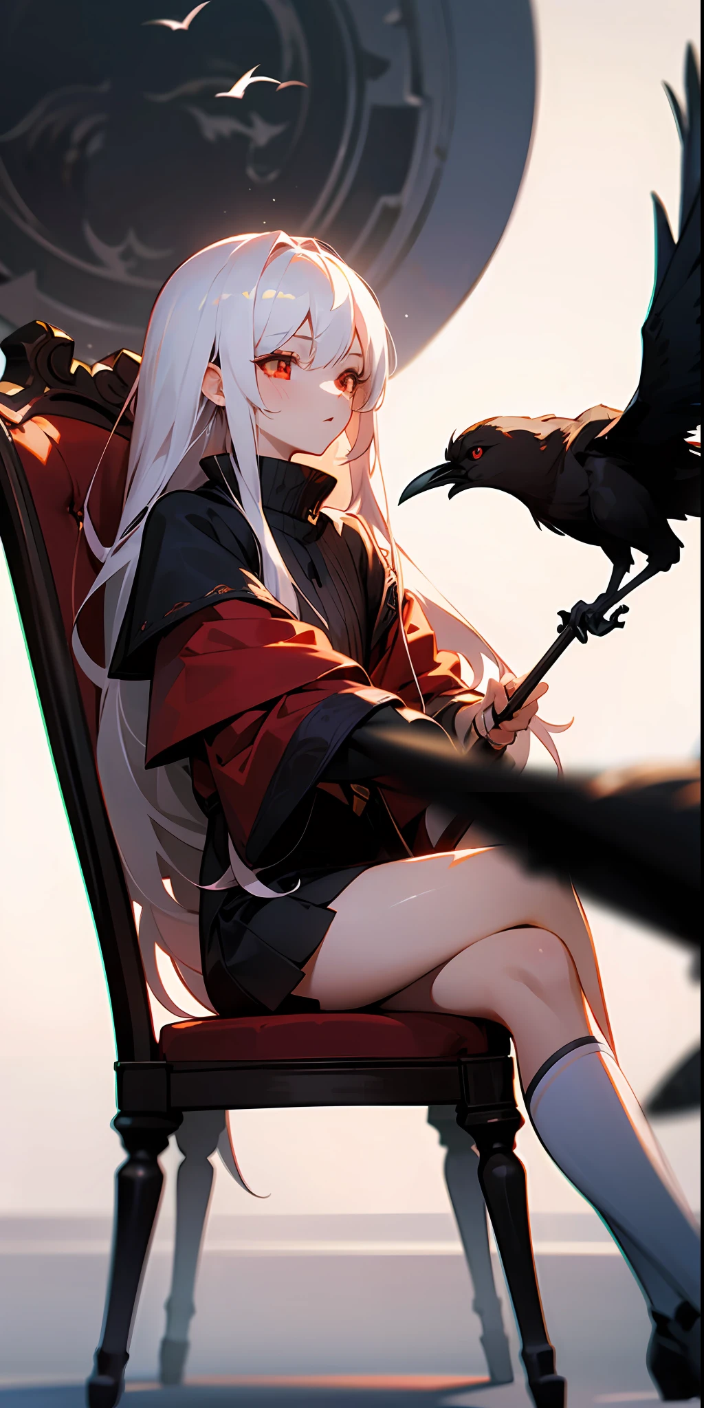 （tmasterpiece，best qualtiy），1 girl with long white hair and red eyes sitting on a chair，warmly lit，Very astringent，Be red in the face，Blurred foreground，There was a crow in the girl's hand，Close-up，black over-the-knee socks --auto