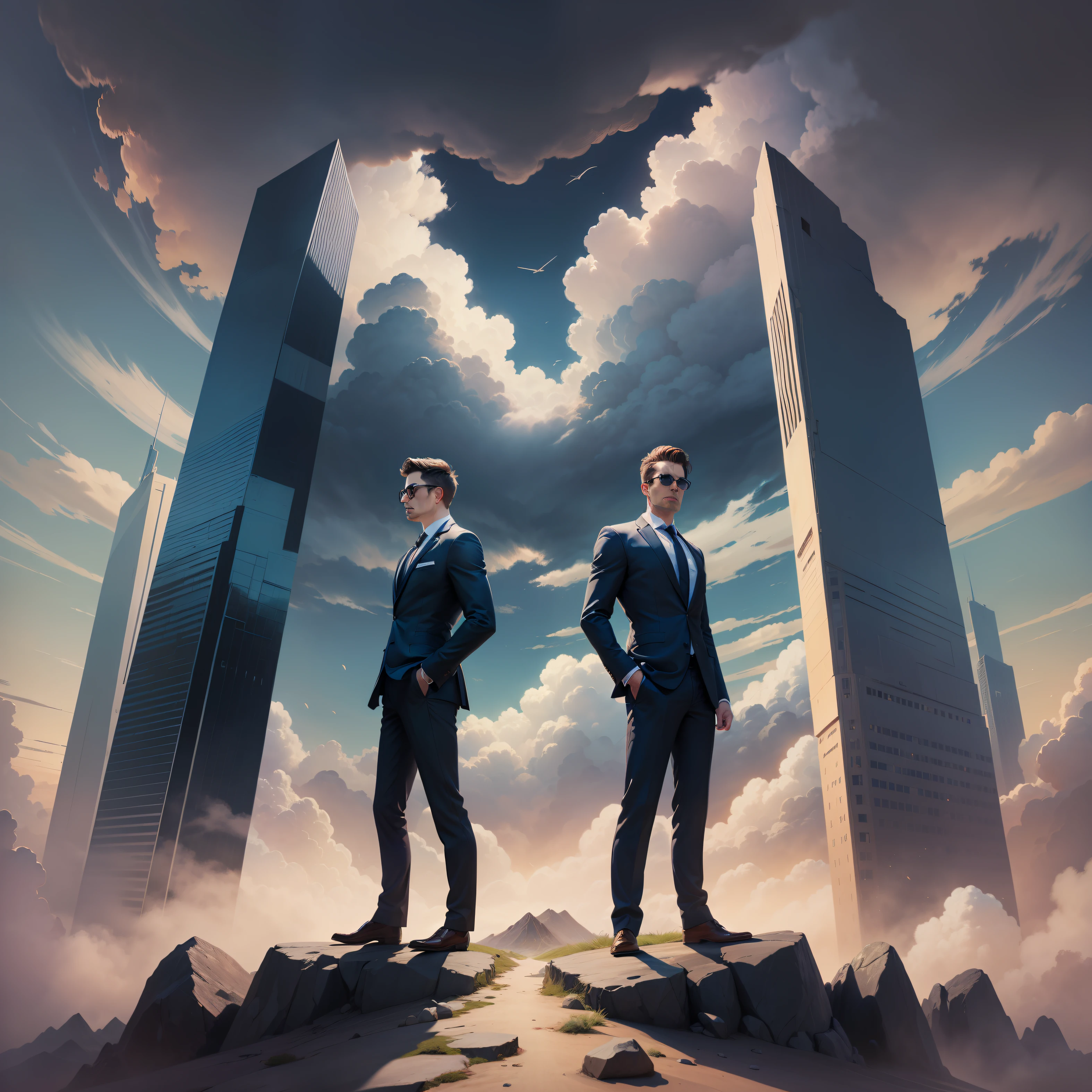 Caricature of two men in suits standing back to back,Stick figure style，Promotional cover, In the background, many peaks soar into the clouds，The blue sky and white clouds