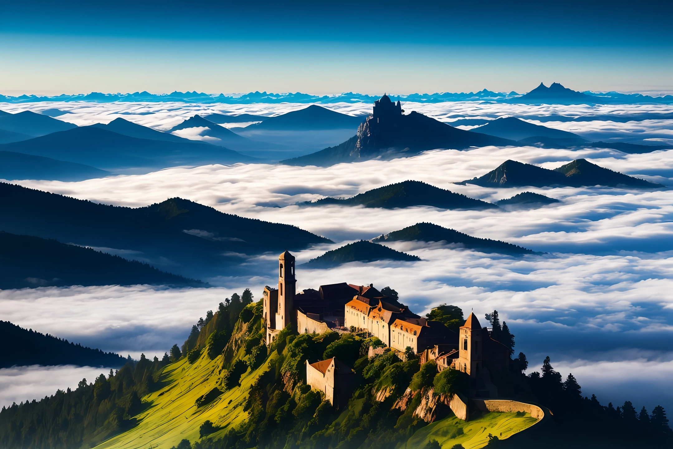 Majestic landscapes，mont，Sea of Clouds，ancient buildings，Poetic，wonderland