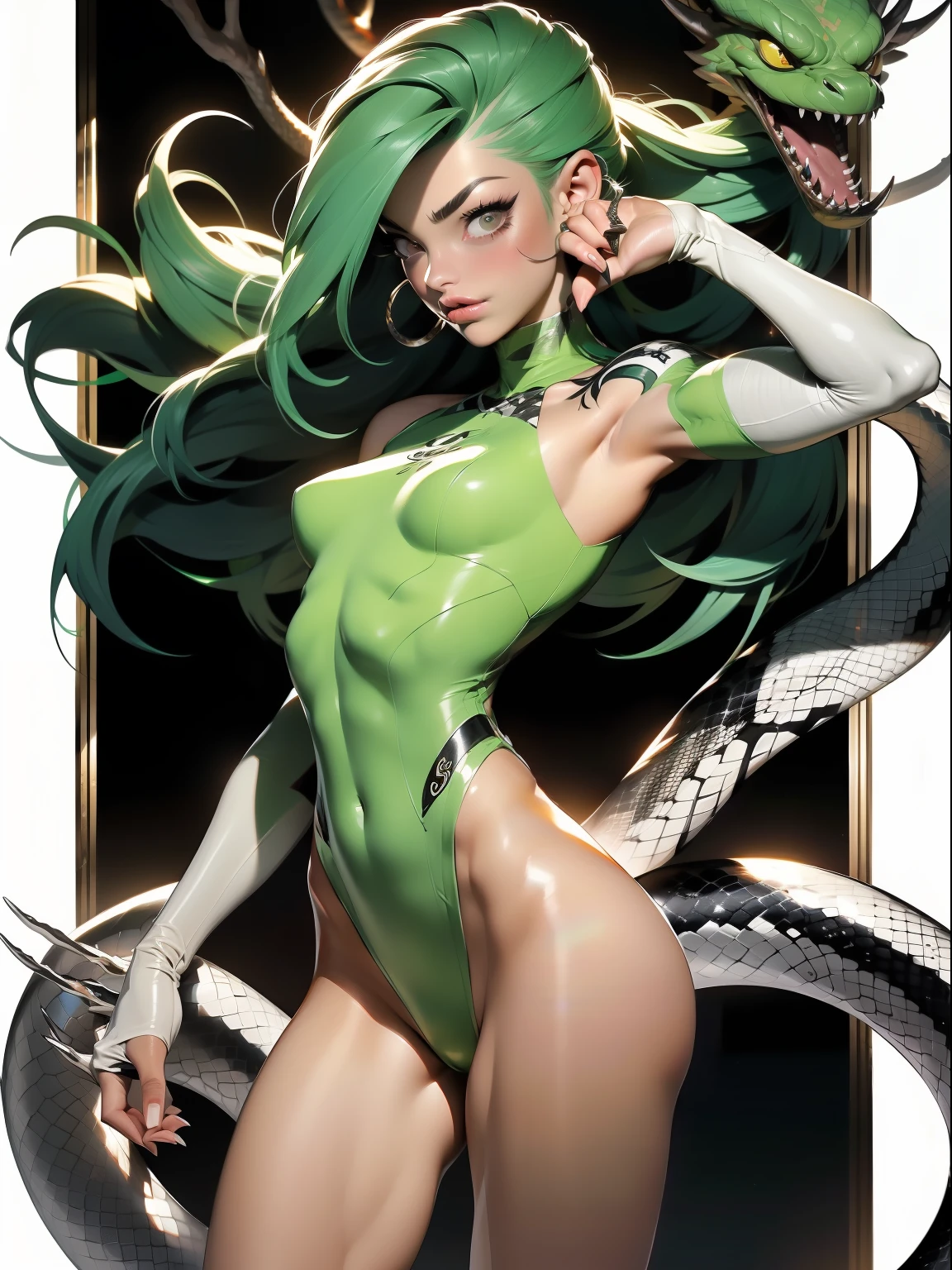 ((( melhor qualidade ))), ((( obra prima ))), ((( Absurdo ))), ((( corpo inteiro))), muscular woman and beautiful warrior Barbara with long metal claws, roupa vermelha com metal, Conan or barbarian style, estilo Simon Bisley para uma capa da revista Heavy Metal, (( Tiny thong made of snakeskin)), (((pele))), (( seios grandes semi cobertos por pele de cobra)), decote generoso, metal claws, colar de ossos e dentes, brinco de ossos, fantastical setting, ((( corpo inteiro ))), ((( flowing green hair with white locks ))), (((corpo inteiro))), tattoos covering the arms