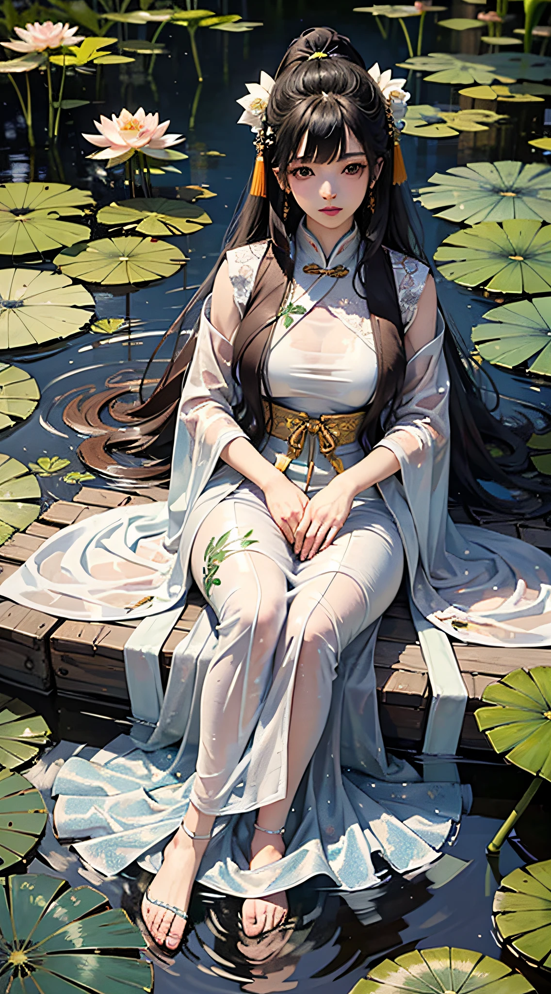 hoang lap,A high resolution,ultra detali,(1girll:1.3),handpainted,Simple lines,16-year-old girl wearing Chinese Hanfu,beuaty girl,Lie in a huge lotus leaf,In the lotus pond,tmasterpiece,sitting in water,Transparent clothes,Floating hair,voluptuous figure