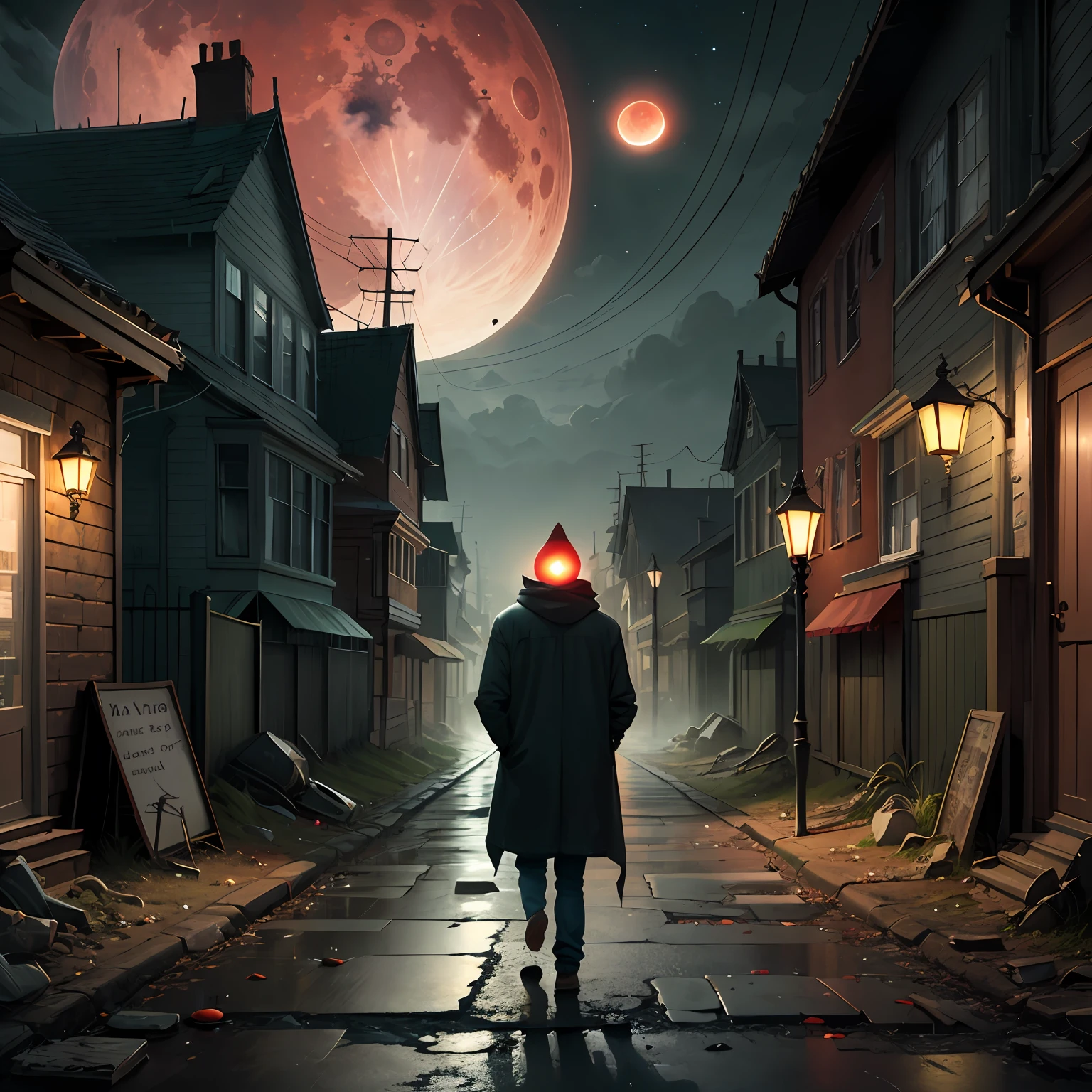 Streets shabby eerie at night spooky roads hyper-realistic red moon