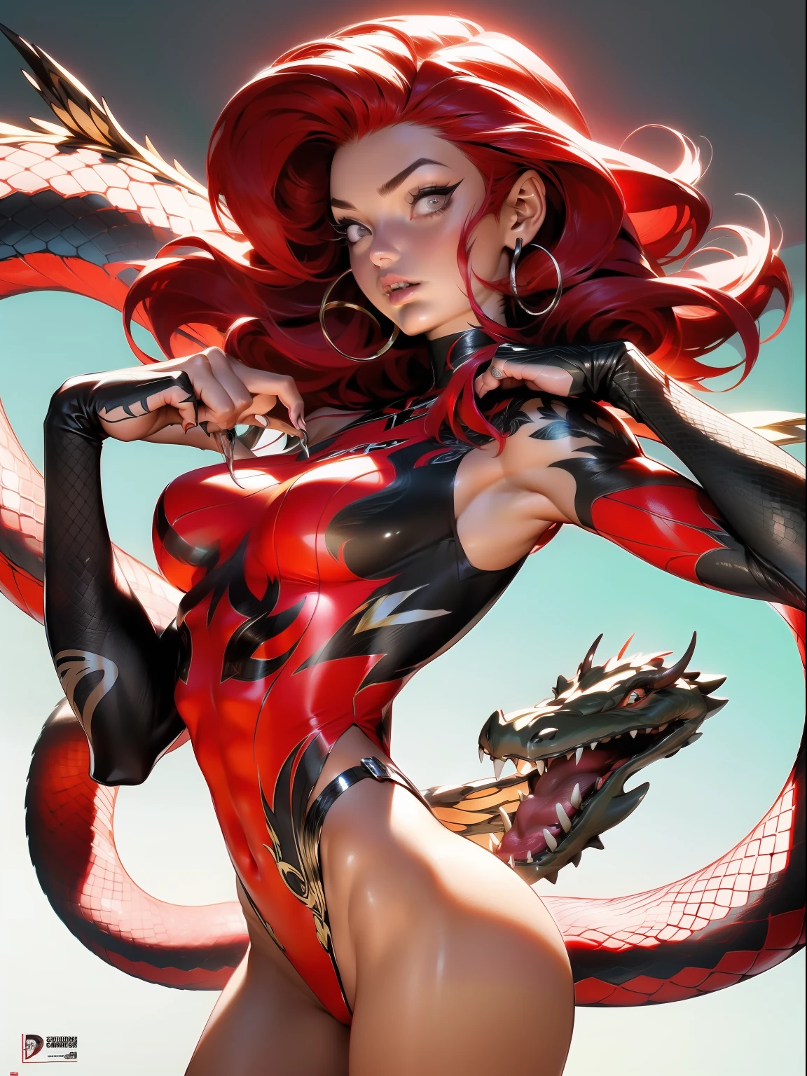 ((( melhor qualidade ))), ((( obra prima ))), ((( Absurdo ))), ((( corpo inteiro))), muscular woman and beautiful warrior Barbara with long metal claws, roupa vermelha com metal, Conan or barbarian style, estilo Simon Bisley para uma capa da revista Heavy Metal, (( Tiny thong made of snakeskin)), (((pele))), (( seios grandes semi cobertos por pele de cobra)), decote generoso, metal claws, colar de ossos e dentes, brinco de ossos, fantastical setting, ((( corpo inteiro ))), ((( flowing red hair with white locks ))), (((corpo inteiro))), tattoos covering the arms