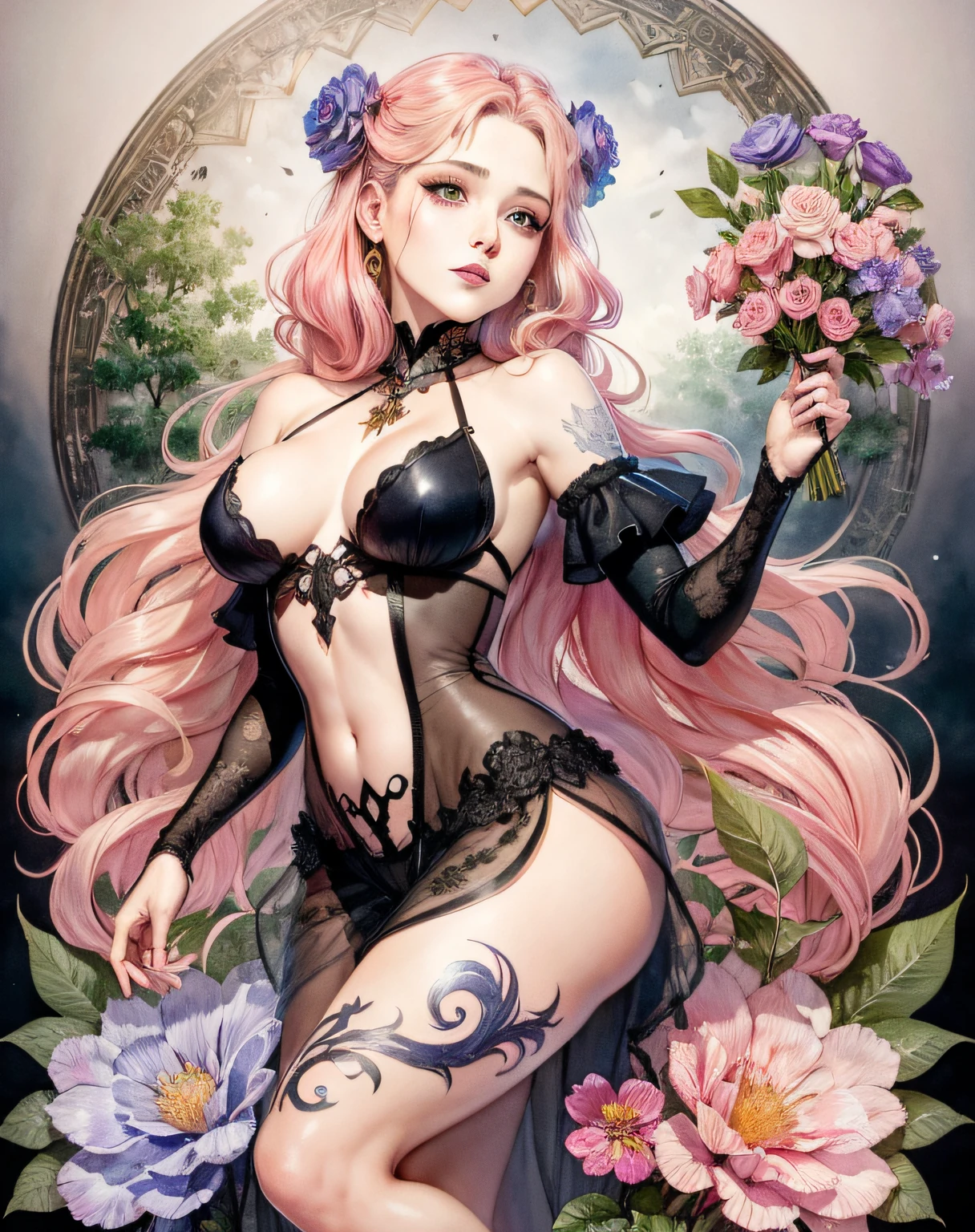 lisa frank art color, cuerpo completo, full body, senos grandes, nalgas grandes, mujer, multicolored long hair, multicolored aurora, art face by tom bagshaw, emile vernon style, fullbody dynamic movement pose, beautiful woman with long hair, gold jewellery, oil painting, fantasy, intricate, intricate stunning highly detailed girl by artgerm and edouard bisson, beautiful elegant, fantasy, flowers, forest, highly detailed, digital airbrush, photorealistic, octane render, pink hair, black lips, gothic, rapunzel cabellos largos, cabellos largos dorados, cabellos largos color oro, pelo largo, digital painting, soft skin wide eyes watercolor, style, sketch, watercolor paiting, watercolor artist, portrait of a girl, vintage cartoon, ghibli, artgerm, wlop, alphonse mucha dynamic lighting hyperdetailed intricately detailed splash art trending on artstation triadic colors unreal engine 5 volumetric lighting, Transparent clothing, slight smile,, open legs, view of pubic hair, 1 sexy girl in transparent forest clothes,exposed breasts, open transparent t-shirt,mandala and flower tattoos, La mejor calidad,