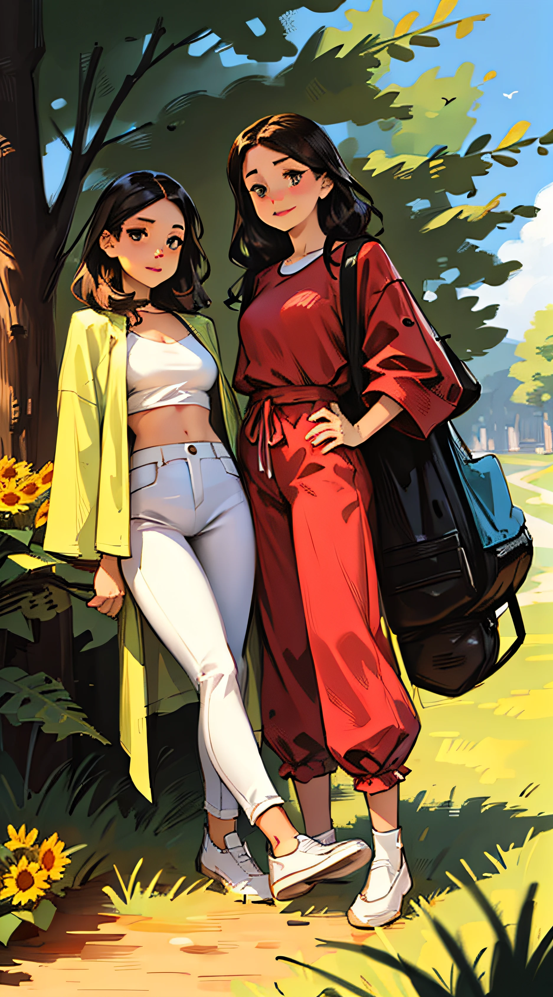 Uma morena de olhos verdes, cabelos amarelos longos, blusa amarela e saia branca, tamanco rosa, mulher branca com cabelo vermelho curto, blusa verde, white pants and pink shoes, uma mulher negra com longos cabelos brancos, blusa branca, red pants and shoes green, three women beside each other, Em uma estrada de terra com uma motocicleta Ducati vermelha e preta, piso, pine trees, Eucaliptos, rosas vermelhas, Sunflowers, birds, nuvem, Folhas voando no ar, vegetation, cores brilhantes, brilhante,Realistic,ultradetalhado,perfect features,pele lisa realista,Rosto realista,imagem de desenho,cardboard,animado,desenho, --auto