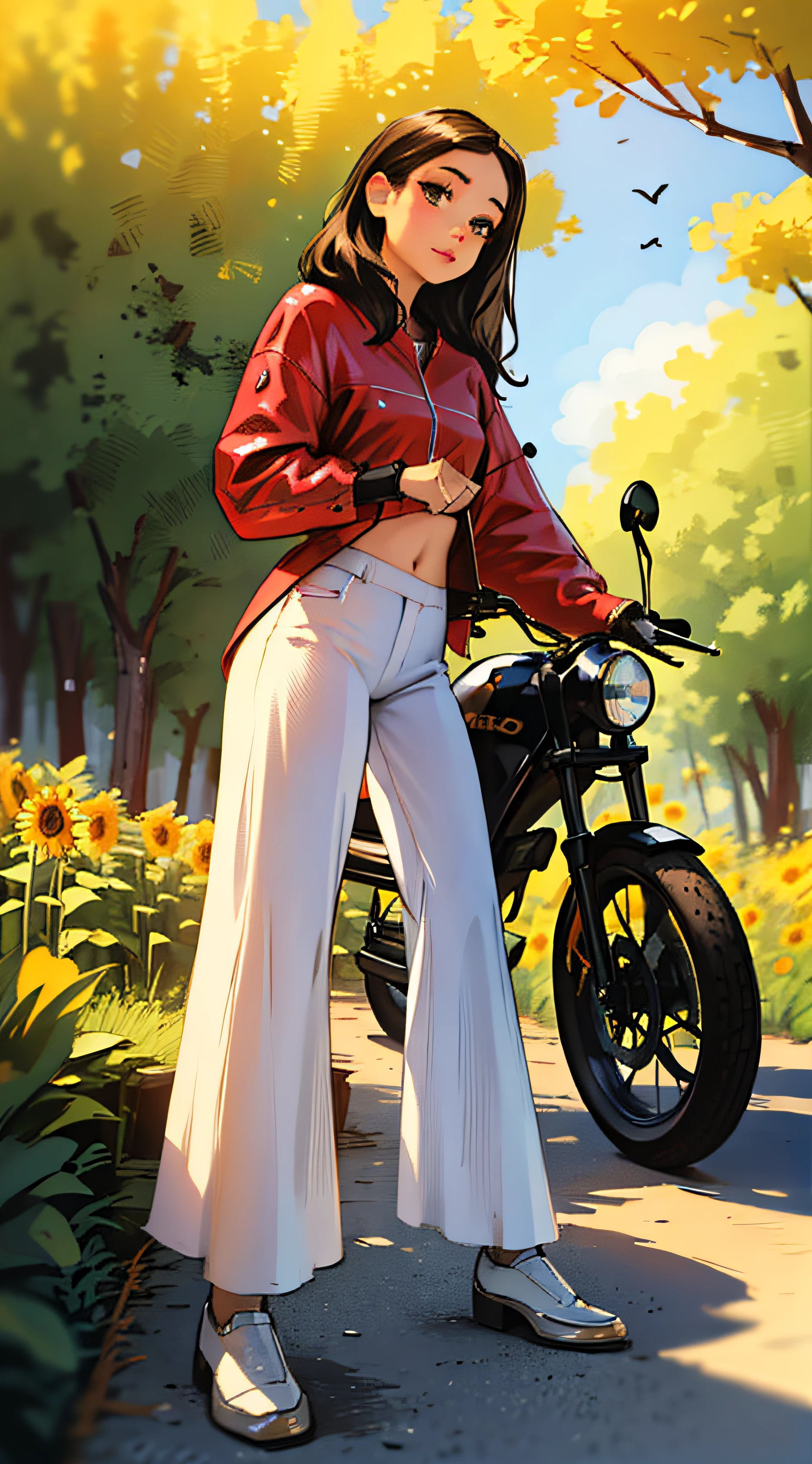 Uma morena de olhos verdes, cabelos amarelos longos, blusa amarela e saia branca, tamanco rosa, mulher branca com cabelo vermelho curto, blusa verde, white pants and pink shoes, uma mulher negra com longos cabelos brancos, blusa branca, red pants and shoes green, three women beside each other, Em uma estrada de terra com uma motocicleta Ducati vermelha e preta, piso, pine trees, Eucaliptos, rosas vermelhas, Sunflowers, birds, nuvem, Folhas voando no ar, vegetation, cores brilhantes, brilhante,Realistic,ultradetalhado,perfect features,pele lisa realista,Rosto realista,imagem de desenho,cardboard,animado,desenho, --auto