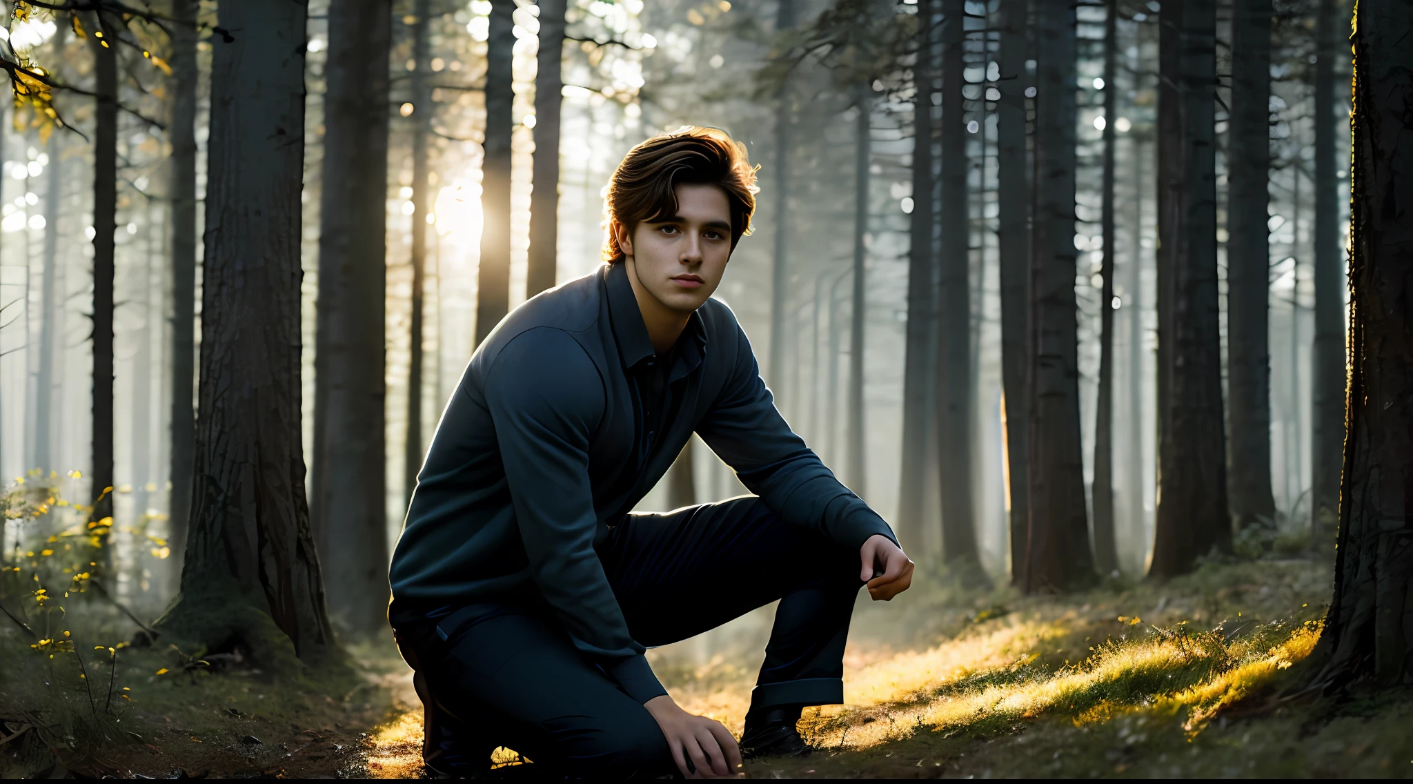 close-up shot of plain-looking country man named Gabriel, kneeling, very handsome in the woods, soft volumetric lights (backlight: 1.3), (Cinematics: 1.2), intricate detail (season art: 1.3), Rutkowski