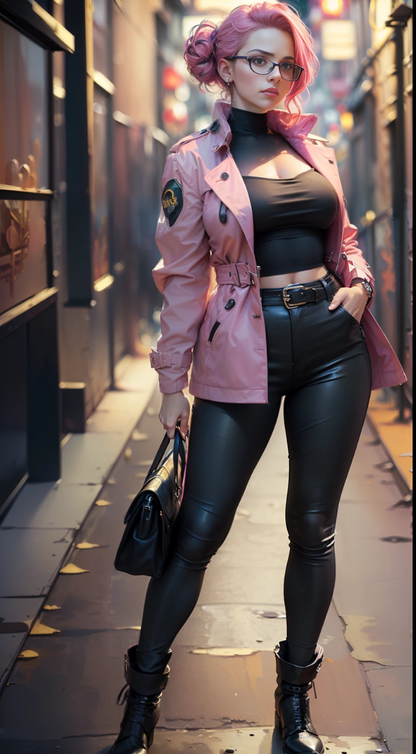 ( 
    (Character: one french woman, detective, slim body, slim waist, pink hair. shaved side haircut)
    (Clothing: pink trench coat, boots,  black leather pants, black shirt, glasses)
    (Pose: full body shot:1.7, holding a smartphone, investigative)
    (Background: dark alley at night:1.3, intense urban lights in background, pink color scheme:1.3) 
    (Style: ((masterpiece:1.5)), (face detailed), photo-realistic:1.3, hyperrealistic, film grain, realistic lighting, backlighting:1.3)
)