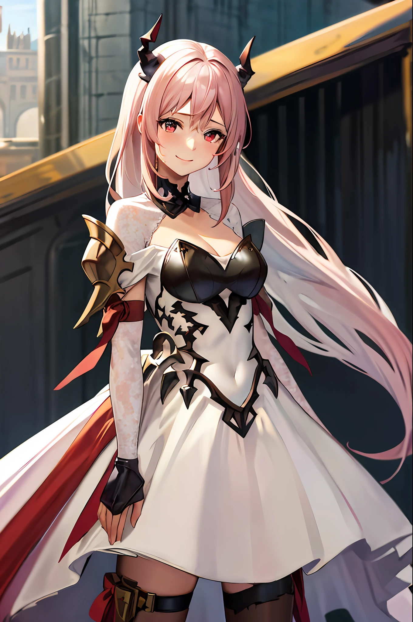 masterpiece, best quality, highres, 1girl, horns,(theresahead), (red eyes), (crying), white dress solo, shoulder armor, dress, very long hair, thigh strap, white dress, (holding big sword), (wearing steel greaves), (wearing steel gauntlets), (wearing chest plate), cleavage, pauldrons, white thighhighs, medium breasts, bangs, detached sleeves, standing, smiling