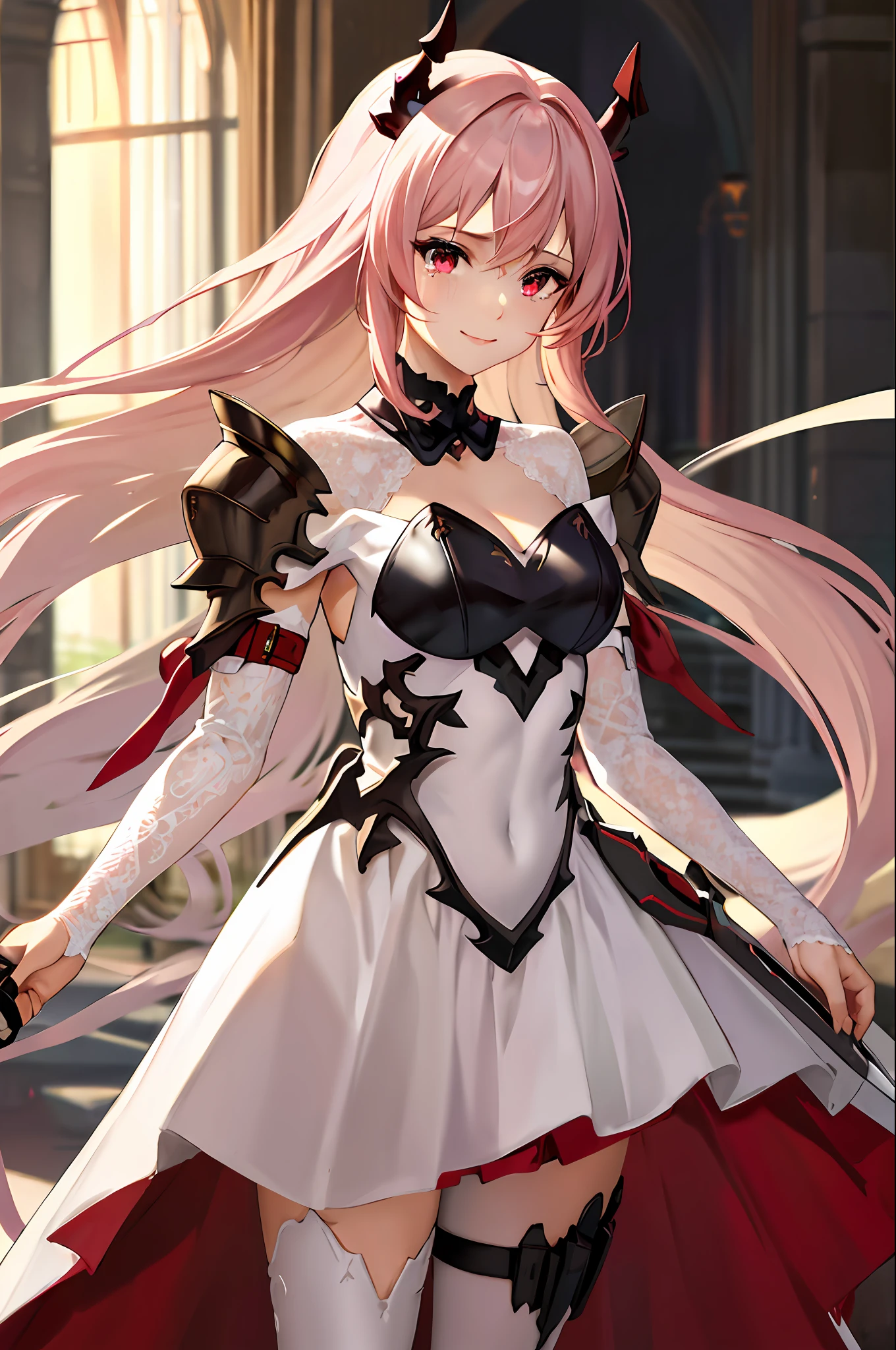 masterpiece, best quality, highres, 1girl, horns,(theresahead), (red eyes), (crying), white dress solo, shoulder armor, dress, very long hair, thigh strap, white dress, (holding big sword), (wearing steel greaves), (wearing steel gauntlets), (wearing chest plate), cleavage, pauldrons, white thighhighs, medium breasts, bangs, detached sleeves, standing, smiling