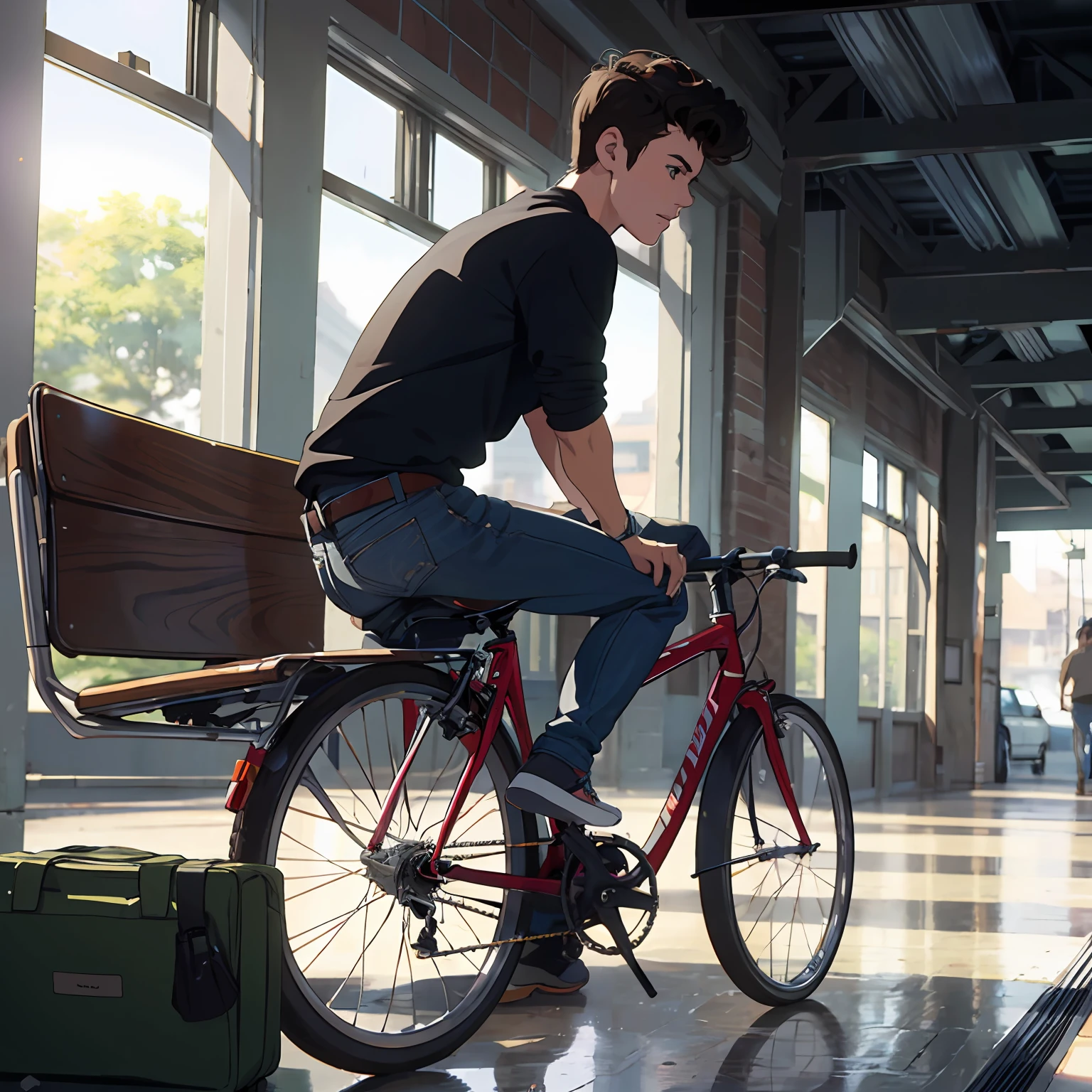 master part, ultra-detalhado, Alto realismo, Dynamic angle, jovem, Shawn Mendes sentado em um banco, conversando com um cara, jeans azul jeans, black shoes, bicicleta, camisa farda verde, nostalgic atmosphere, Sonho. --auto
