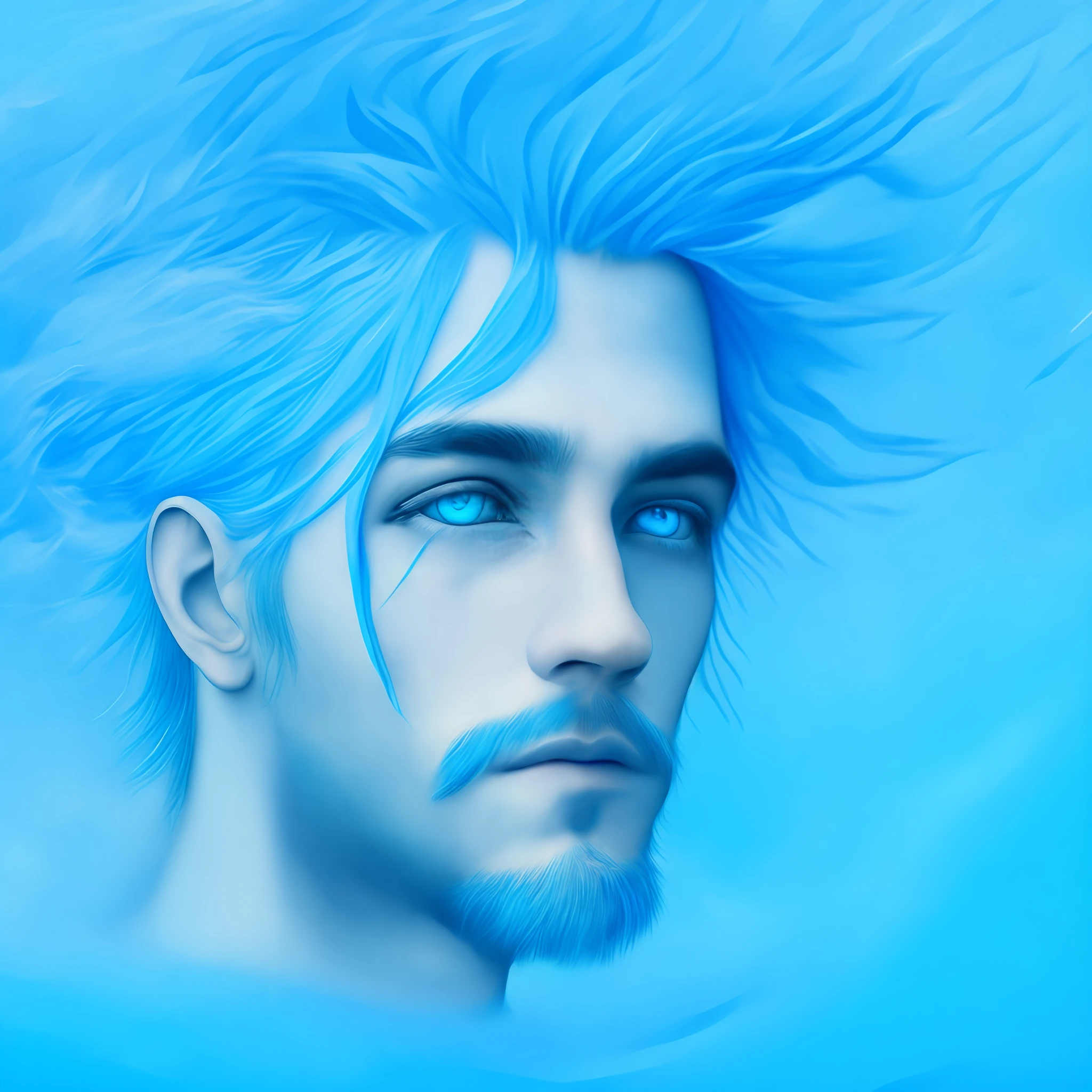 (Adult male+blue hairs+sbeard+blue color eyes) Sitting alone between the sea and the sky,Look down,It seems to be deep in thought,Whiskers flutter in front。