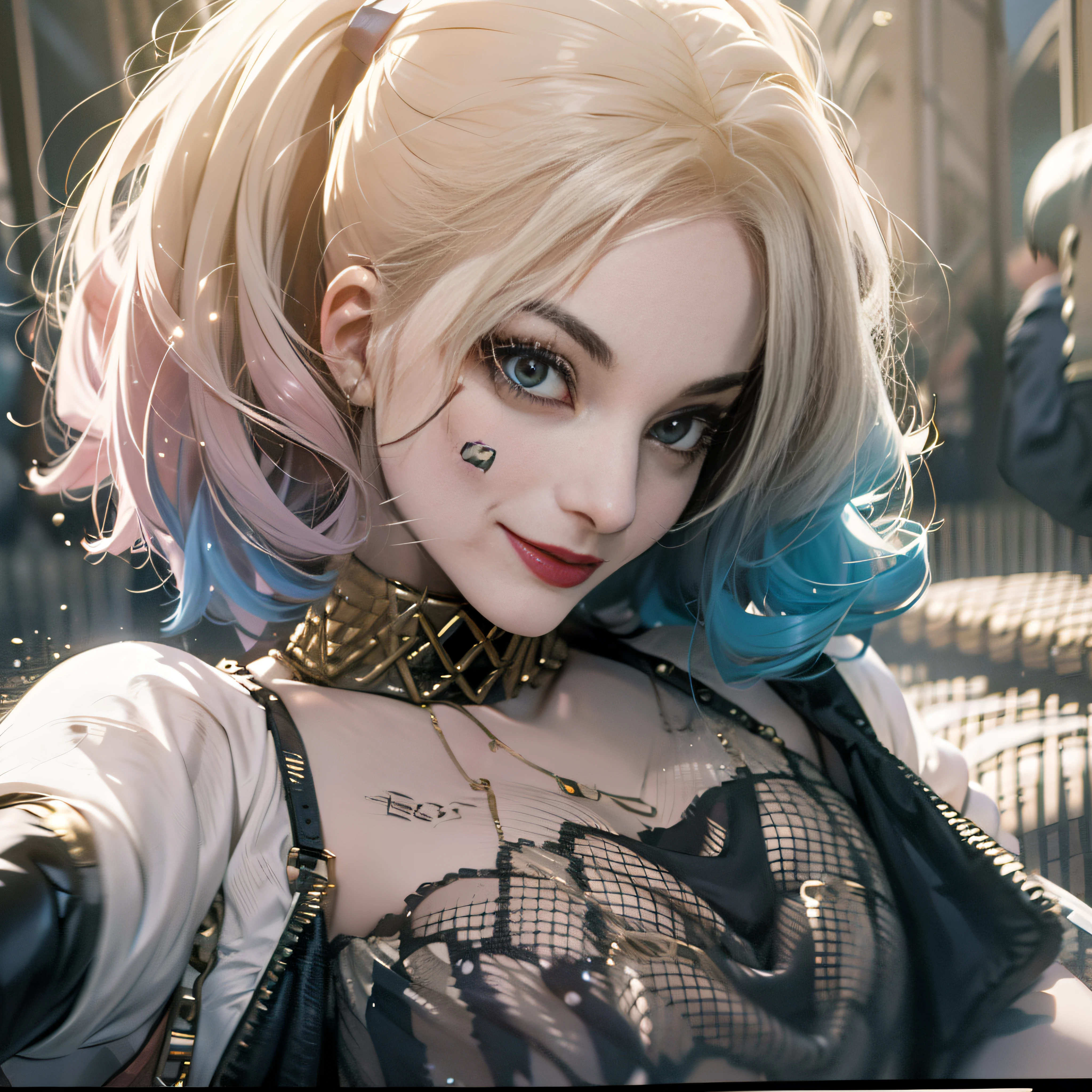 Harley Quinn from Suicide Squad 2016,1Menina , Peitos grandes, bunda grande, sorriso largo, peituda, corpo magro, short hair, Olhos Sexy, vista de frente, Looking at the Viewer, 8k, alta qualidade , olhos altamente detalhados, cara longa, cyber realism, Olhos bonitos, Realistic, DSLR, Cabelos de alta qualidade, grosso, Inclinado, quarto , retrato, olhos perfeitos , cabelo sedoso, corpo magro, cabelo de um lado, Hot lips, Olhos do mesmo tamanho, rosto jovem, pernas altas, olhos altamente detalhados, corpo brilhante, Tatuagens, cabelo rosa, Olhos detalhados, Sardas, Olhos da mesma cor,