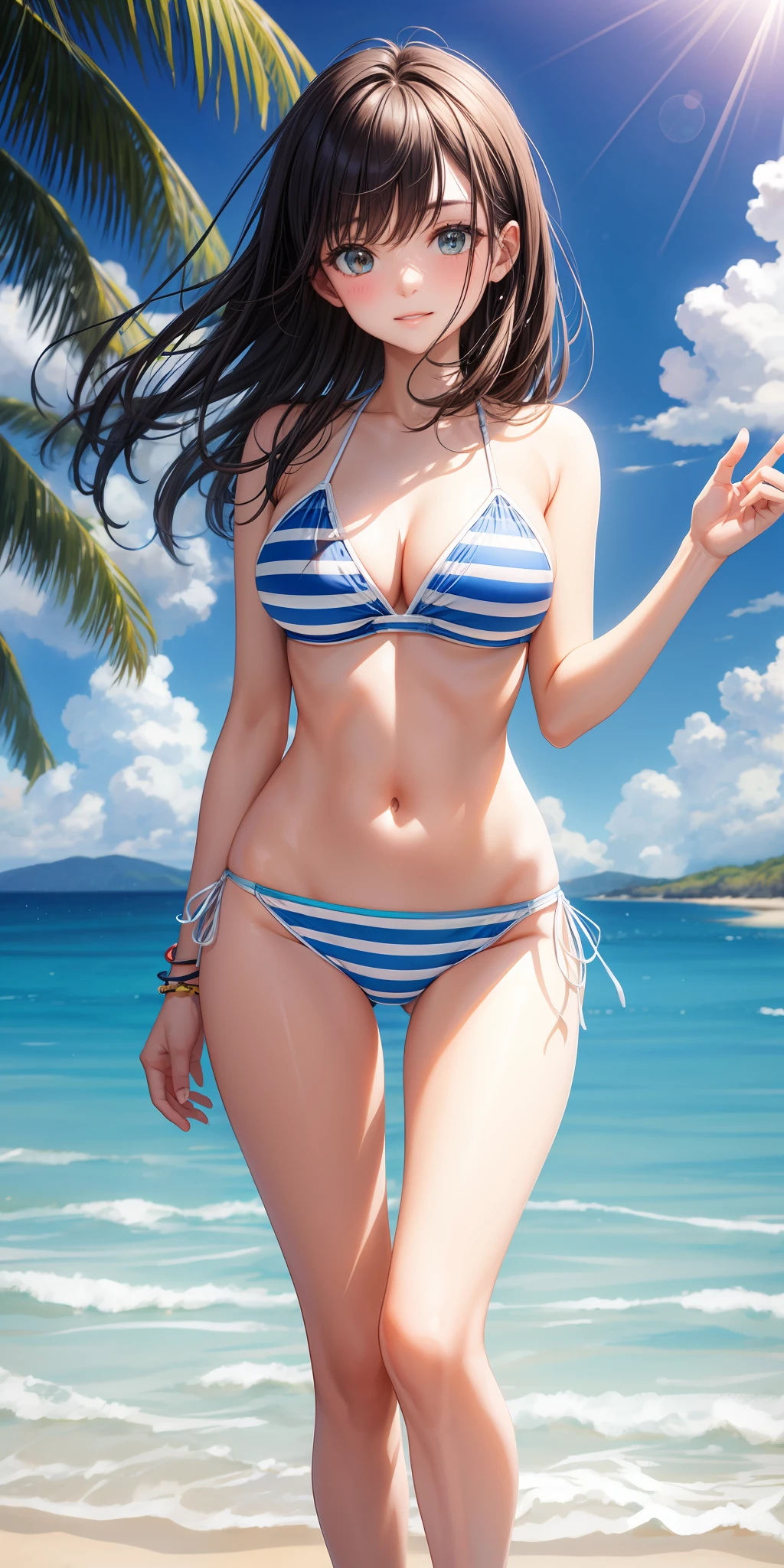 Blue and white striped bikini，Blue and white striped panties，Don't wear skirts，beachside，and the sun was shining brightly