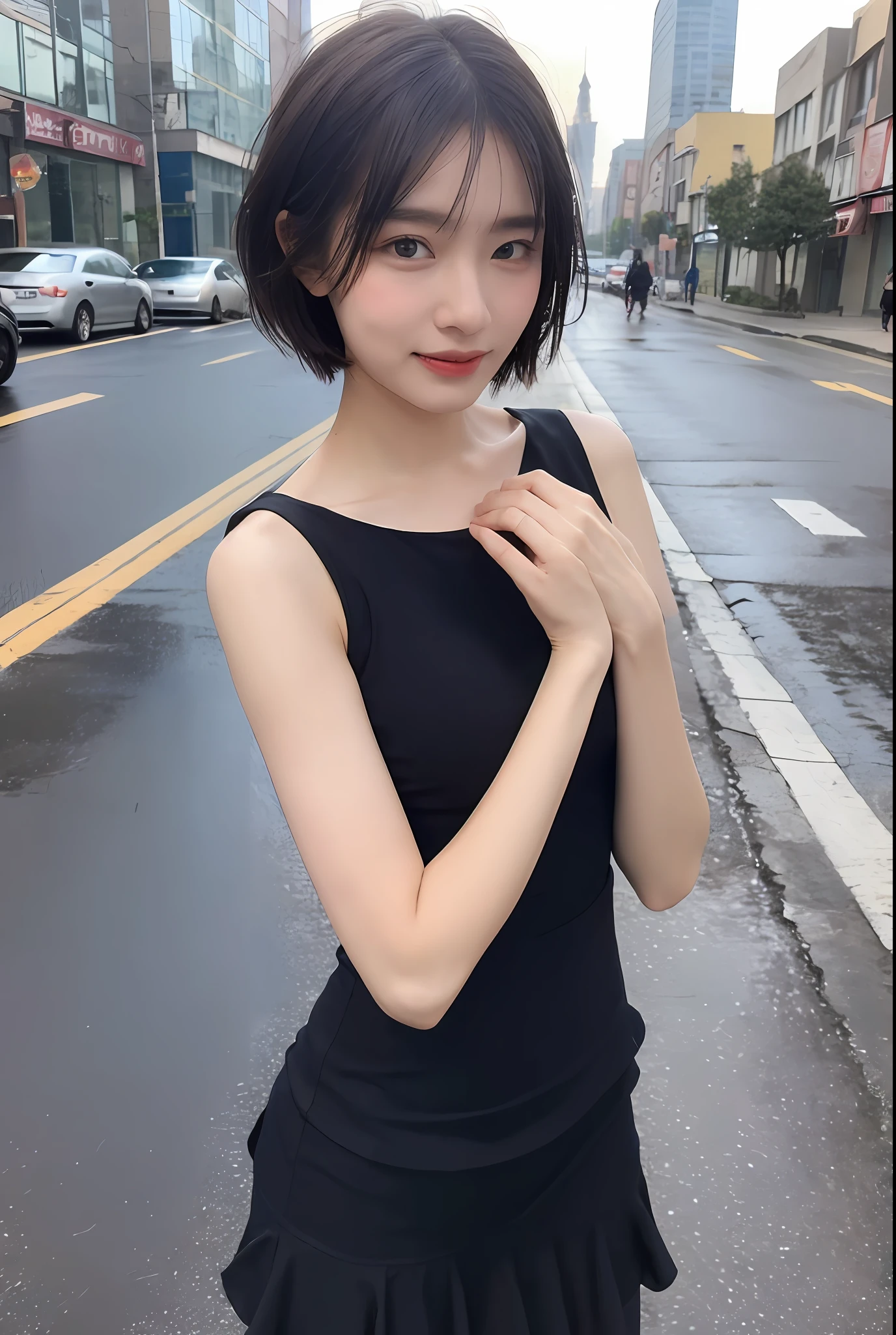 Black dress posing for photo, beautiful asian girl, Korean girl, cute thin face of girl, young woman, short hair, sakimichan, ((best quality, 8k, masterpiece: 1.3)), focus: 1.2, perfect body beauty: 1.4, buttocks: 1.2, ((layered haircut, beautiful breasts: 1.2)), (wet clothes: 1.1) , (Rain, Street:1.3), bandeau dress: 1.1, Highly detailed face and skin texture, Delicate eyes, double eyelids, whitened skin, long hair, (shut up: 1.3), after rain, (sky rainbow: 1.1), (black dress: 1.2), gorgeous streets