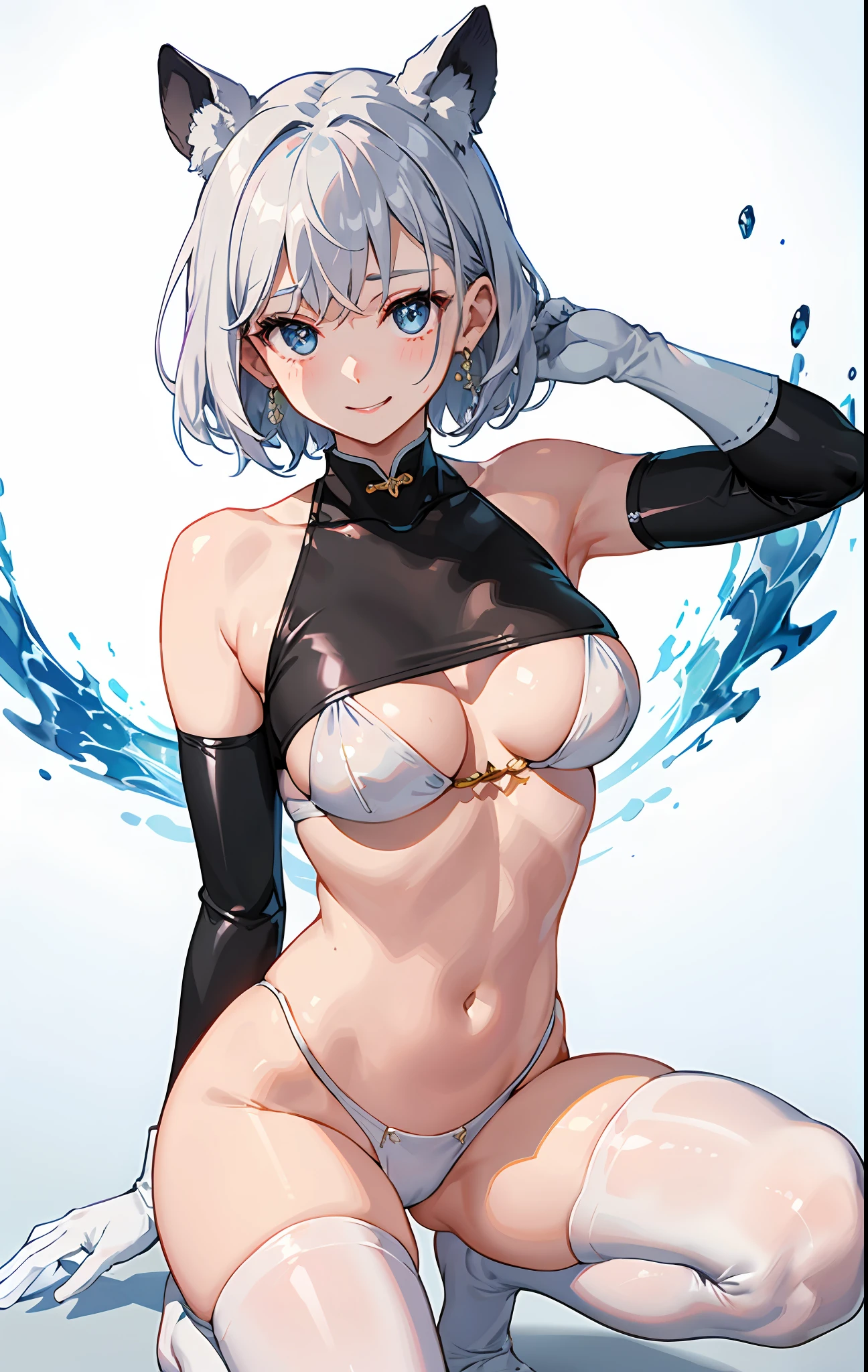 1 girl,(White Skin Skin),exteriors、(low angles)、masterpiece、beautiful lighting、Detailed beautiful face、Detailed beautiful eyes、A high resolution、Ultra-fine illustration、extremely delicate and beautiful、beste-Qualit、The whole body is shown, (独奏:2.0), (cute,Lori)、(has silver hair,short-cut、blue eyess),Curvaceous, (shinny hair, Glossy eyes, shinny skin), Laugh, A smile, (shining skin) ,(white rubber suit)、the chest is hidden、squatting down、open one's legs、(Open knees)、Focus between legs、Armpit、Arm up、hands behind head、thighs thighs thighs thighs、Short hem、sleeve less 、pelvis curtain、Armpits、A smile、black thighhighs、Watch your audience、under the tits、blushed、perspiring、Jeweled、thick-thighs、Parting lips、pantyhose、Blushing cheeks、Embarrassing face、elbow groves、gloves、turtle neck、highleg