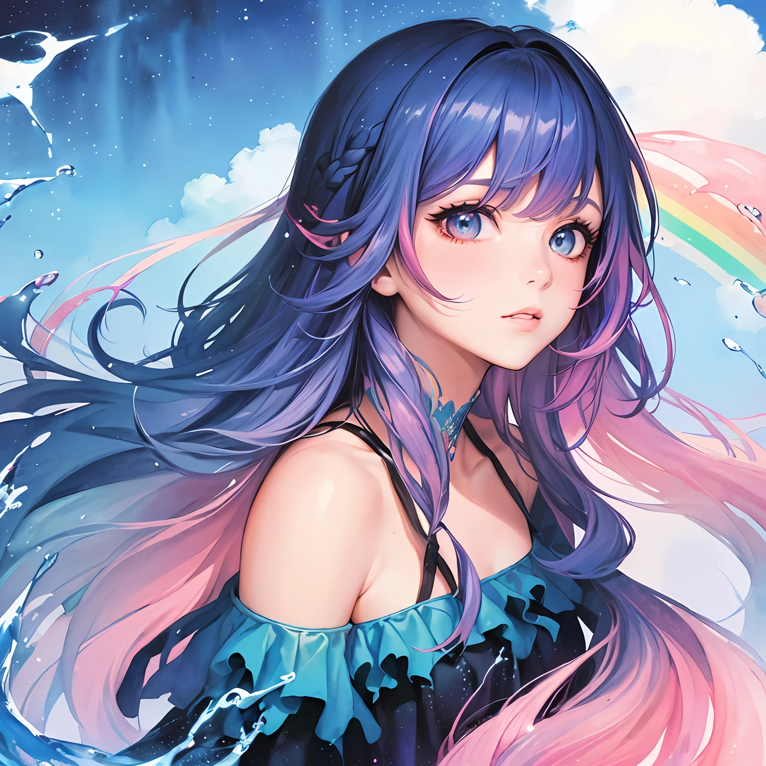 (masterpiece, top quality, best quality,watercolor (medium),official art, beautiful and aesthetic:1.2),(1girl:1.3), (fractal art:1.3),upper body, from side, looking at viewer,patterns,(rainbow color Hair,colorful hair,half blue and half pink hair:1.2),water,liquid, cloud,colorful, starry,stars, --auto