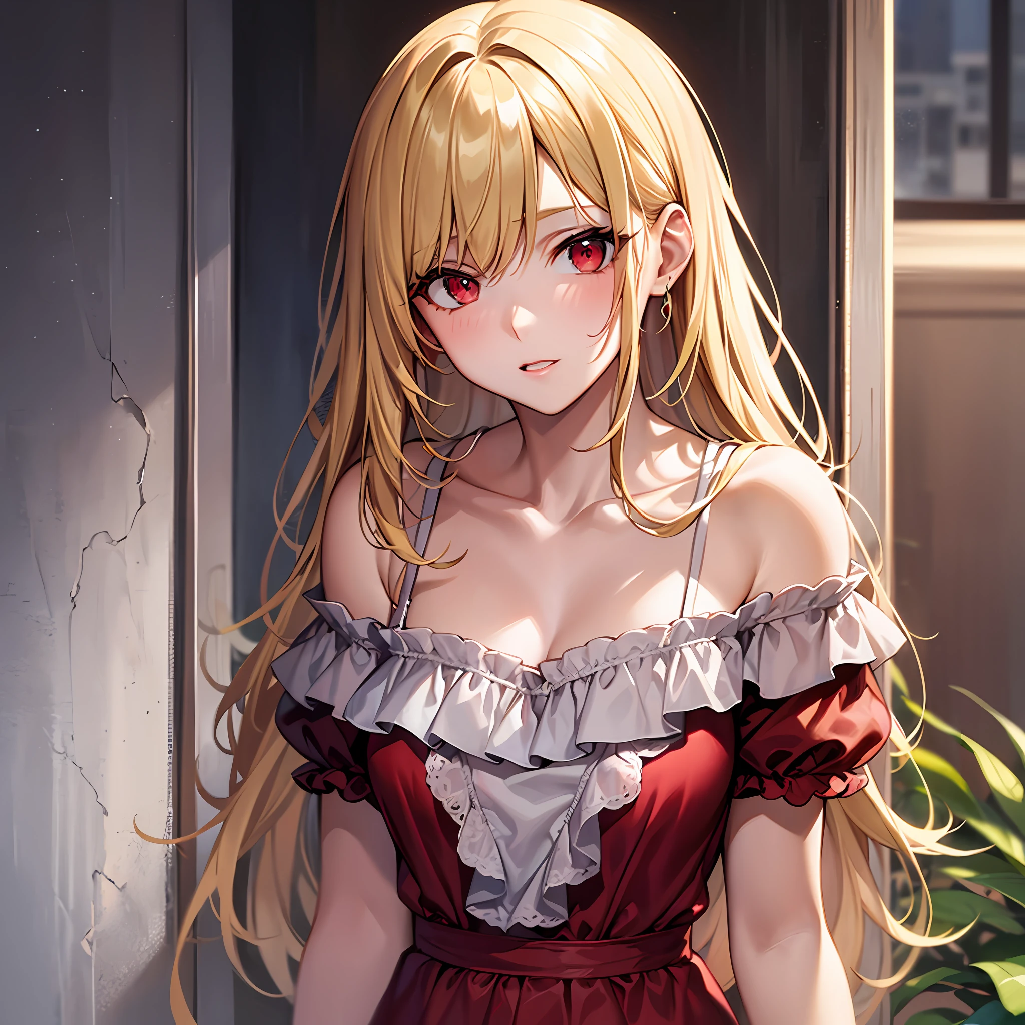 blonde girl alone, red eyes, off-the-shoulder, dress