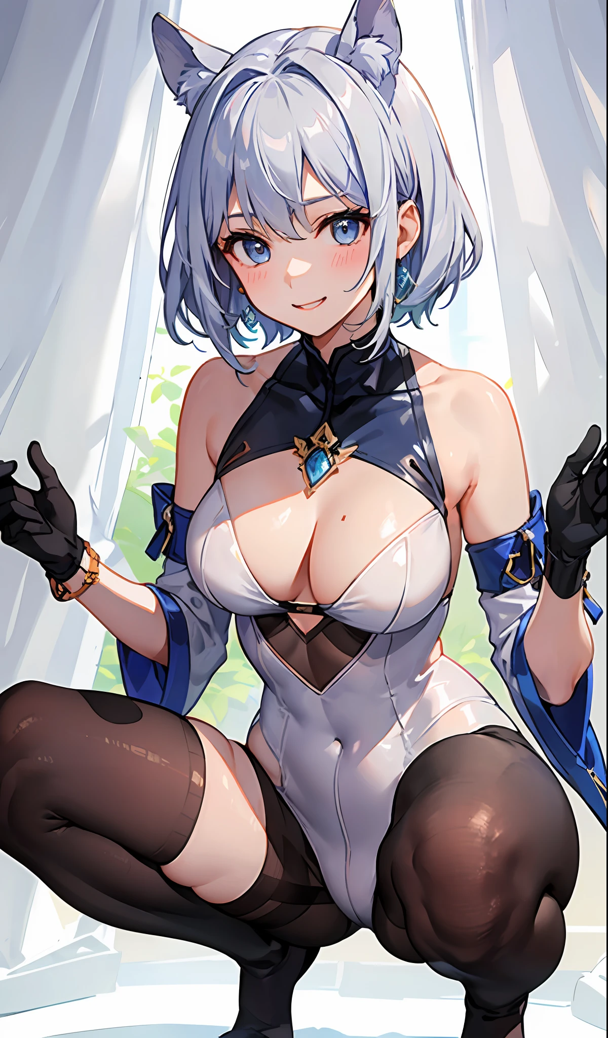 1 girl,(de pele branca),outside of house、(low angles)、​masterpiece、beautiful  lighting、Detailed beautiful face、Detailed beautiful eyes、hight resolution、Ultra-fine illustration、extremely delicate and beautiful、finely best quality、The whole body is shown, (独奏:2.0),  (Cute,Lori)、(has silver hair,short-cut、blue eyess),Curvaceous, (shinny hair, Glossy eyes, shinny skin), Laugh, A smile, (glistning skin) ,(white rubber suit)、the chest is hidden、squatting down、open one's legs、(Open knees)、Focus between legs、Armpit、Arm up、hands behind head、thighs thighs thighs thighs、Short hem、sleeve less 、pelvis curtain、Armpits、A smile、black thighhighs、Watch your audience、under the boobs、blushed、perspiring、Jeweled、thick defined thighs、Parting lips、pantyhose、Blushing cheeks、Embarrassing face、elbow groves、gloves、turtle neck