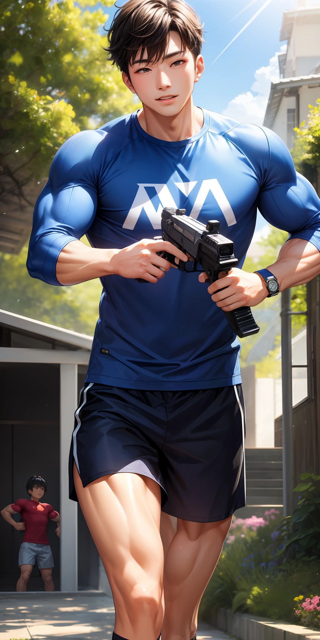 (Steady man, Multimuscular:1.2, strong:1.2),Sunshine Boy,cool guy,rays of sunshine,Natural light,Shooting outdoors,Portrait details,年轻