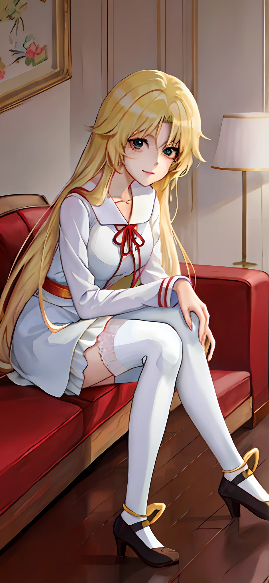 Anime girl sitting on sofa,Legs crossed, Blonde anime girl with long hair, Anime girl with long hair, beautiful anime girl crouching, anime barbie in white stockings, the anime girl is crouching, animemanga girl, Cute anime girl, An anime girl, (animemanga girl), seductive anime girls, Beautiful anime girl, attractive anime girls