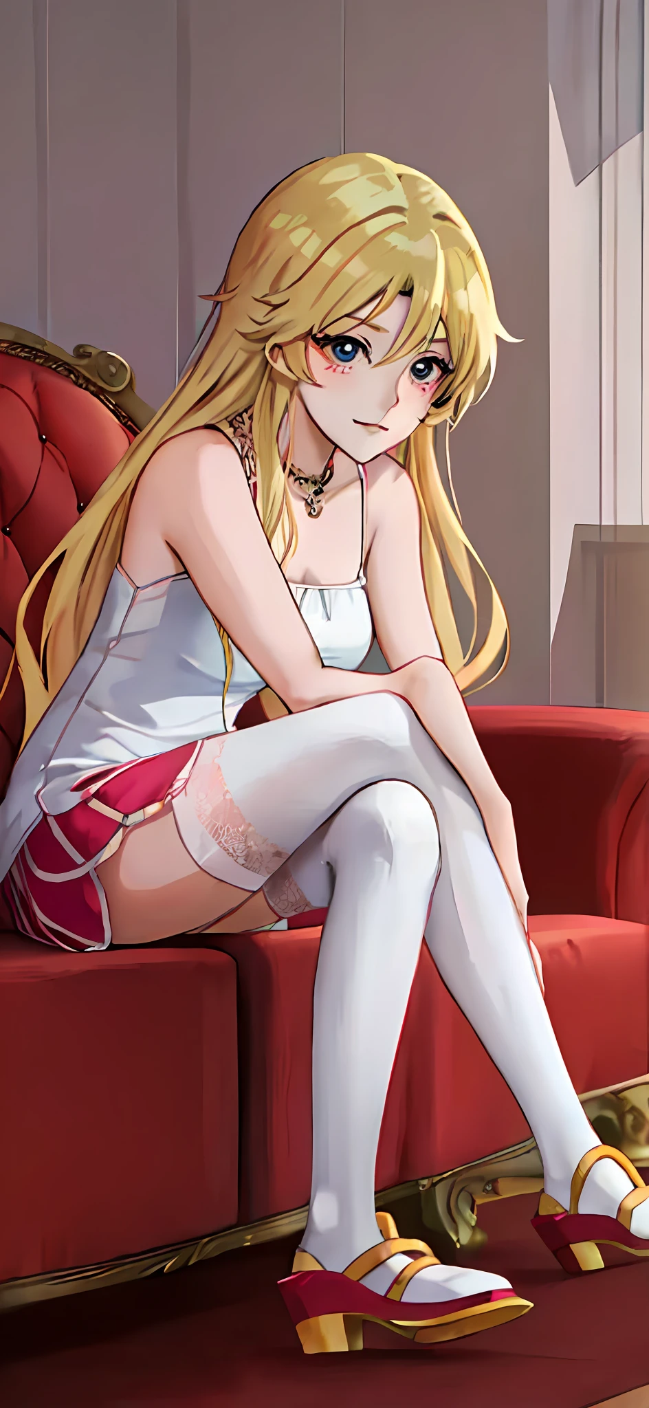 Anime girl sitting on sofa,Legs crossed, Blonde anime girl with long hair, Anime girl with long hair, beautiful anime girl crouching, anime barbie in white stockings, the anime girl is crouching, animemanga girl, Cute anime girl, An anime girl, (animemanga girl), seductive anime girls, Beautiful anime girl, attractive anime girls