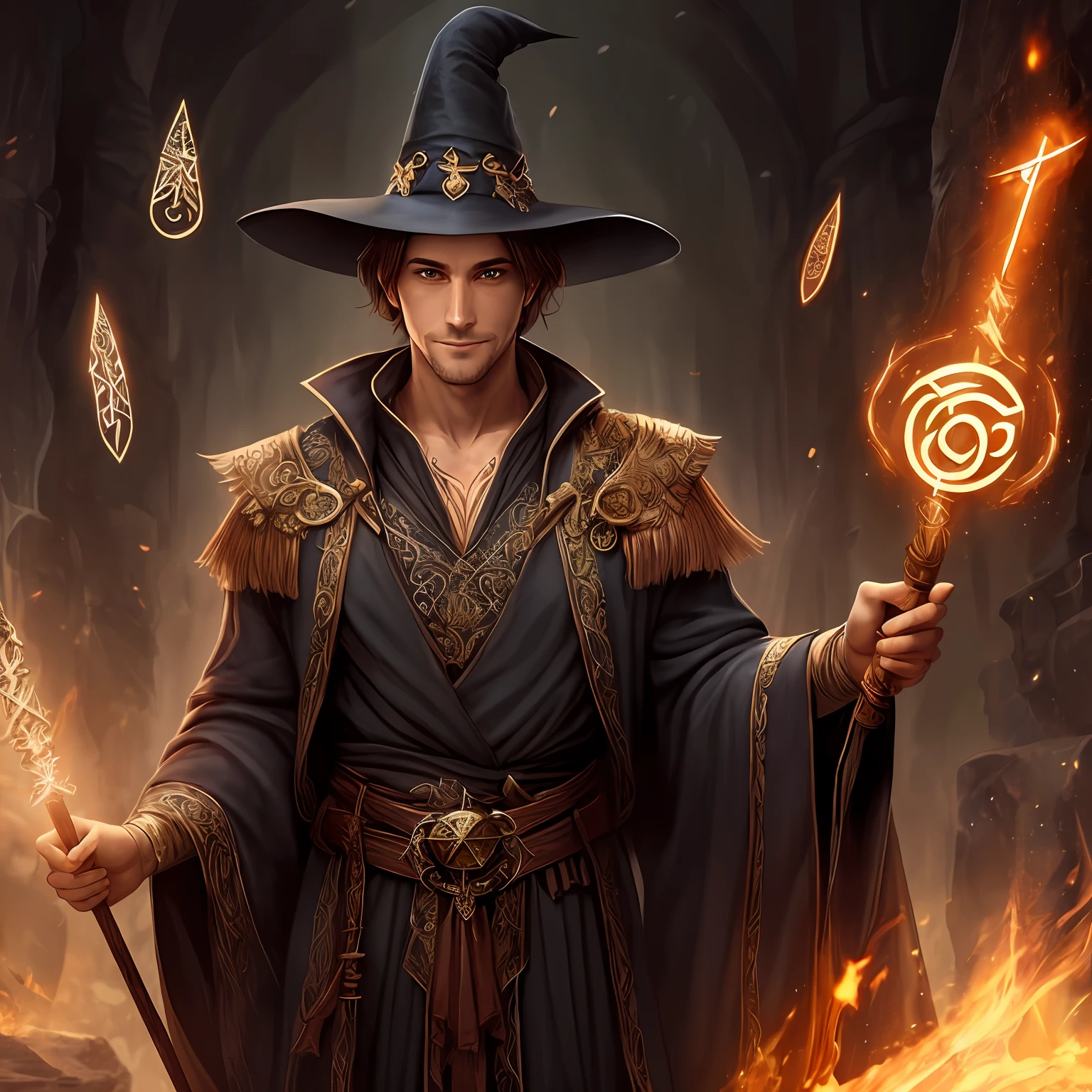 a human sorcerer in a long robe, a pointed hat and a wand. He has a long smile and is surrounded by glowing magic runes. --auto