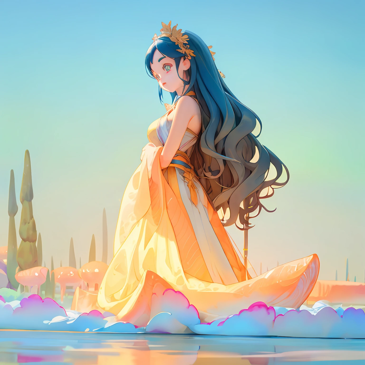 absurdity,In that miraculous realm, the pristine air glows with a blue hue, and a colossal moon reflects upon the transparent surface of a lake, bestowing magical powers, with an enchanting backdrop of delicate fairies dancing,(wide view:1.3), sense of depth,(look away:1.1),(beautiful Background,detailed background:1.5),
(masterpiece, best quality:1.3),beautiful detailed glow,best illuminate,(best quality,textile shading,ultra detailed:1.3),extremely detailed CG unity 8k wallpaper,Highly Detailed beautiful and aesthetic,best light,high resolution,detailed,dynamic lighting,super detailed skin,intricate details, hyper detail, sharp detail,detailed, highres, intricate details,(delicate facial features:1.3), BREAK, detailed picture,a glossy picture,catch light,BREAK, 1girl, (Dark salmon eyes:1.6),
(United Nations blue wavy long hair:1.6),
(parted bangs:1.1),BREAK --auto