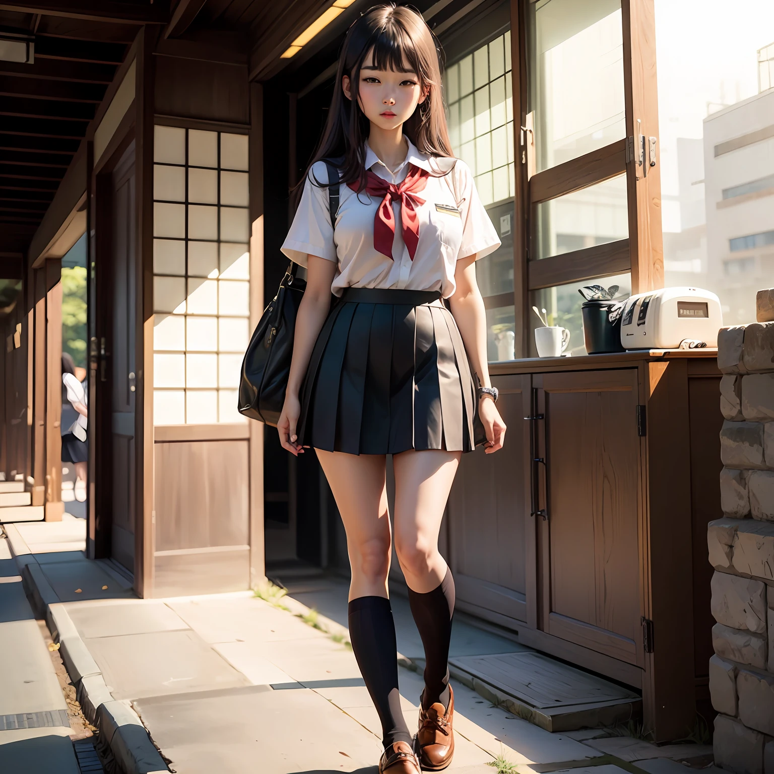 bangs，rnlong hair，Full body like，a skirt，Japan School Uniform --auto